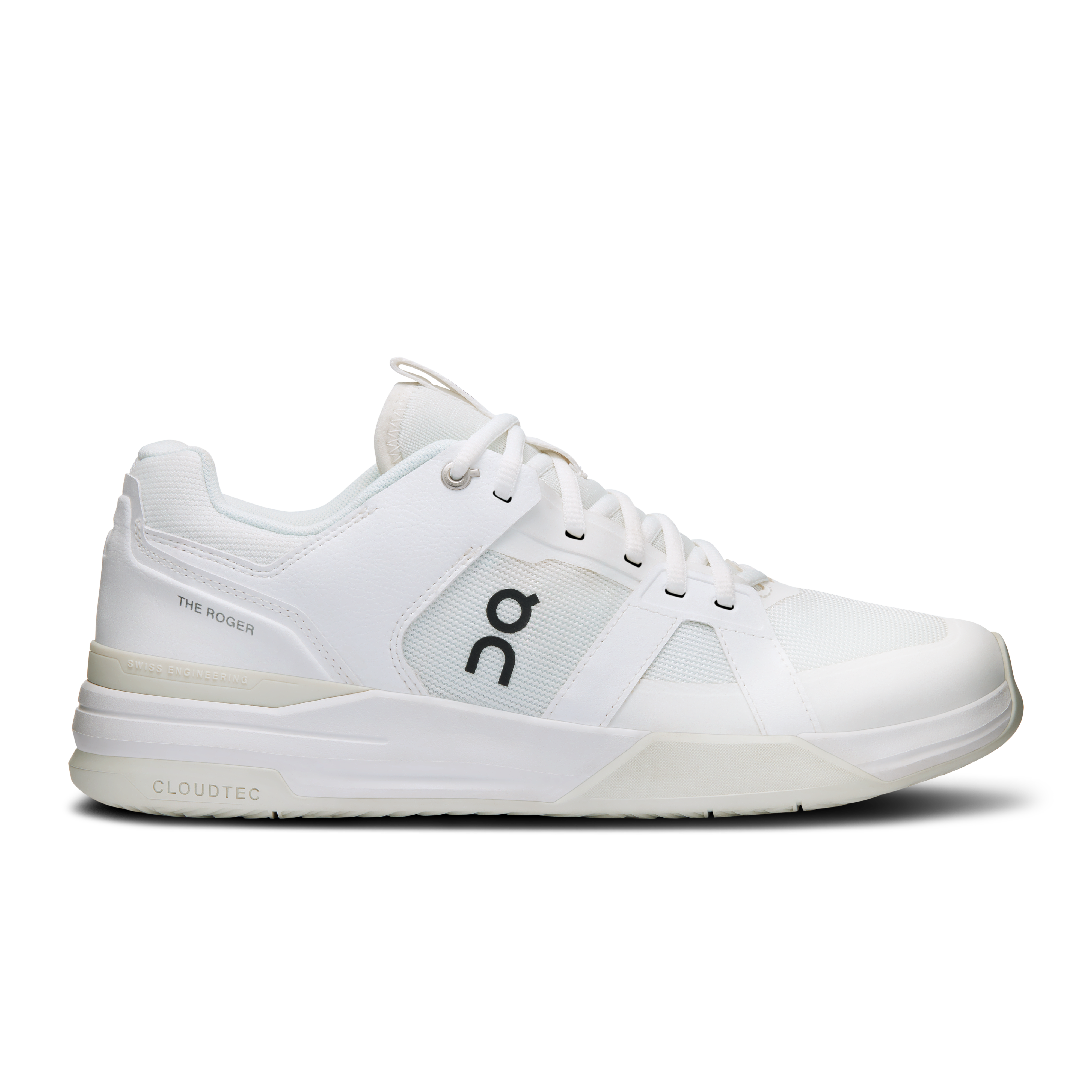 Side view on white background of Mens On The Roger Clubhouse Pro running shoe in White/Ice, Medium (Regular) width