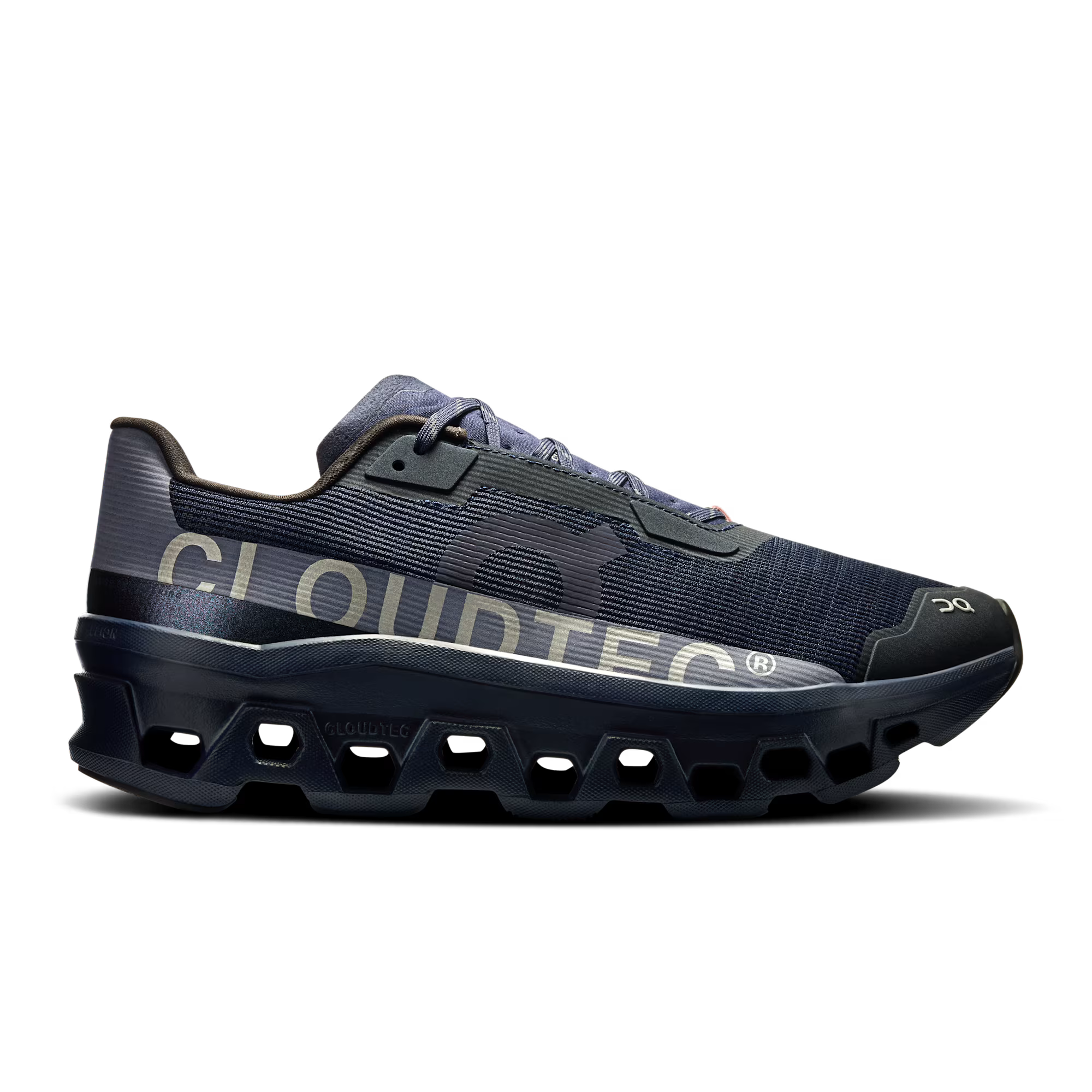 Side view on white background of Mens On Cloudmonster Void Atmos running shoe in Midnight/Blossom, Medium (Regular) width
