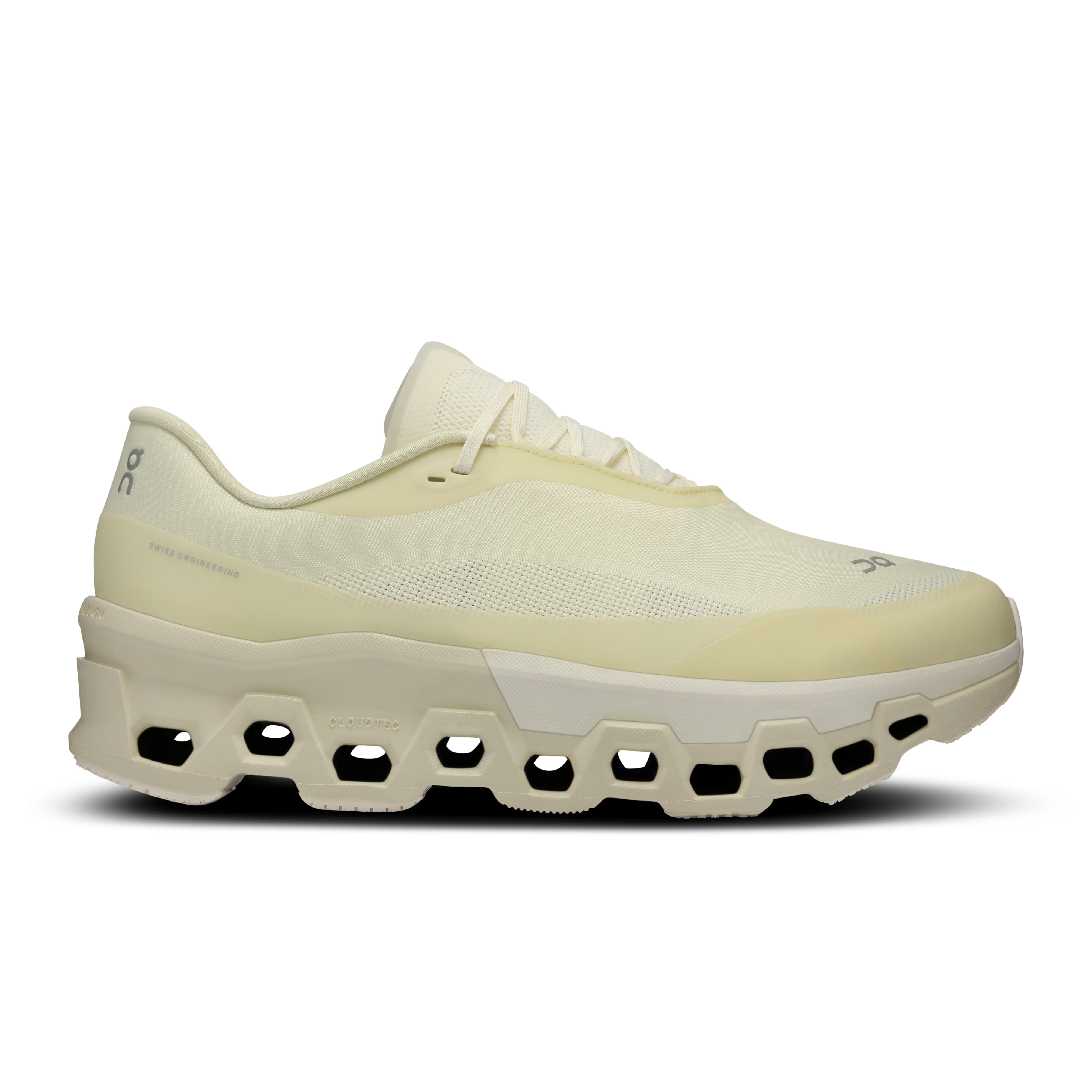 Side view on white background of Mens On Cloudmonster 2 PAF running shoe in Seedling/White, Medium (Regular) width