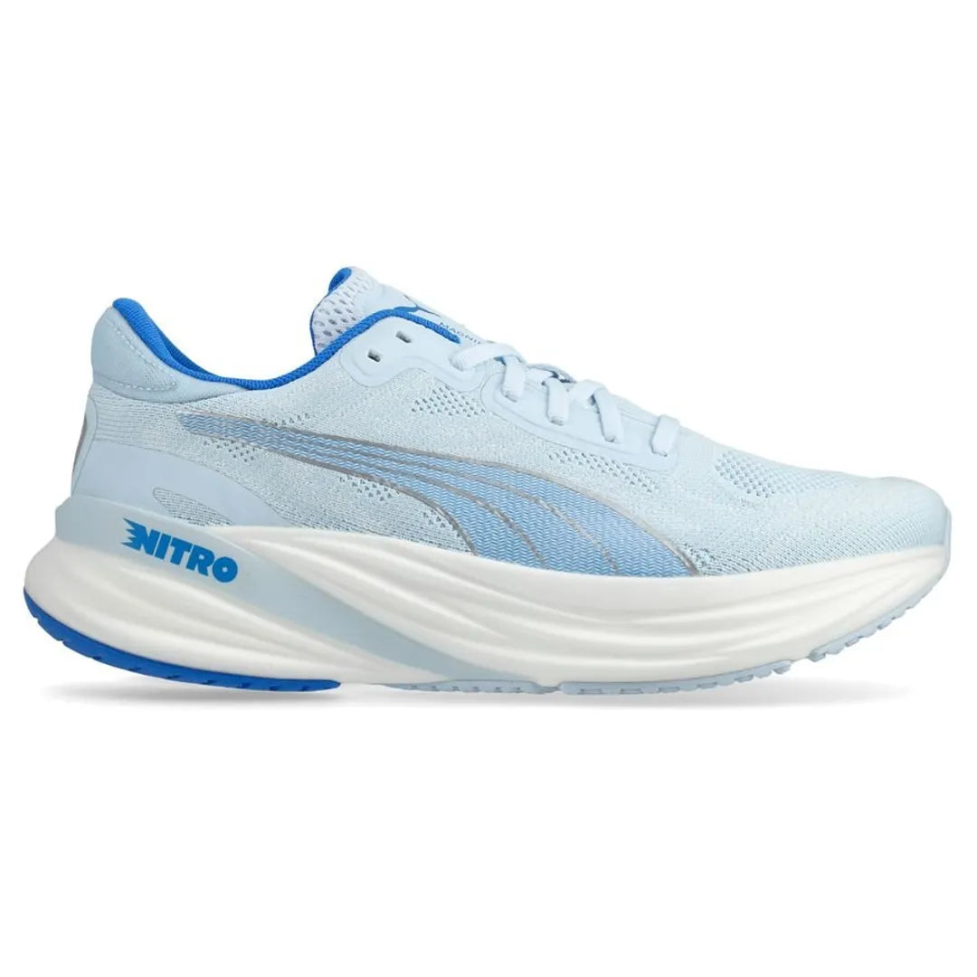 Side view of Puma Magnify Nitro 2 running shoes in Icy Blue/Ultra Blue
