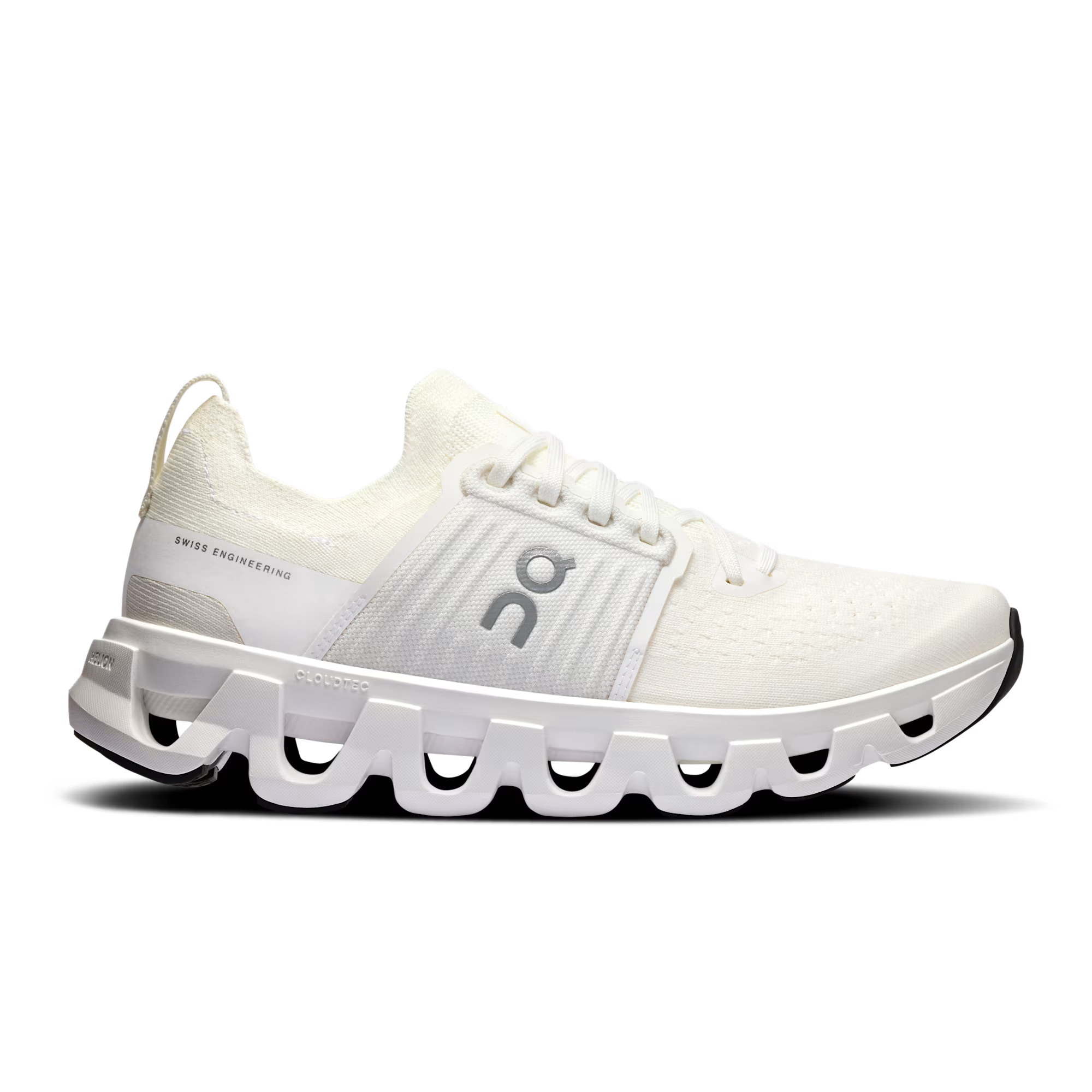 Side view on white background of Womens On Cloudswift 4 running shoe in White/White, Medium (Regular) width