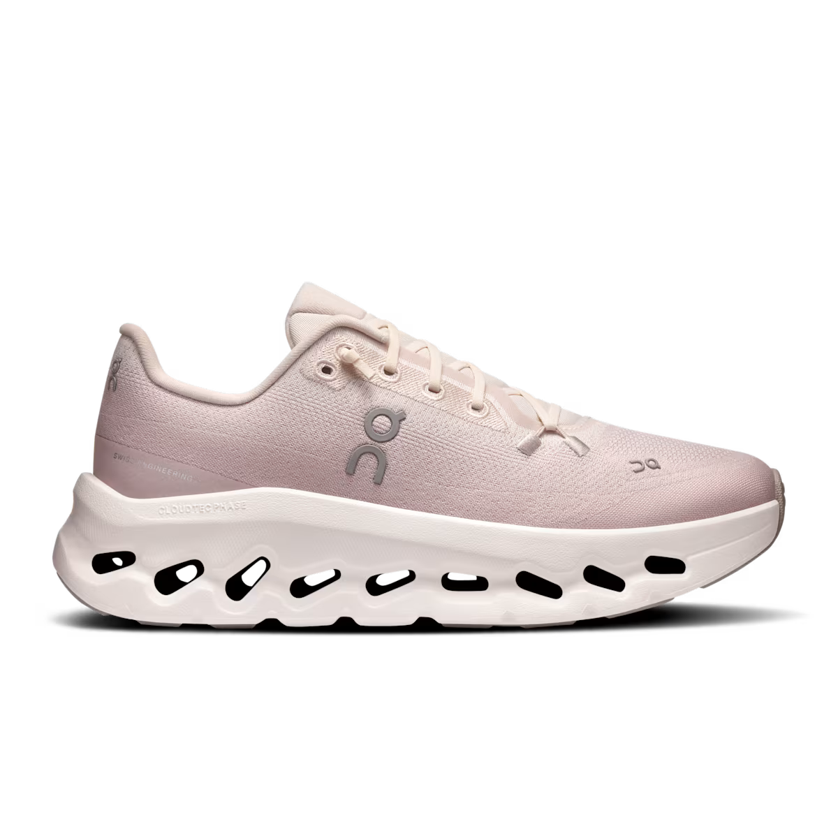Side view on white background of Womens On Cloudtilt running shoe in Pearl/Fade, Medium (Regular) width