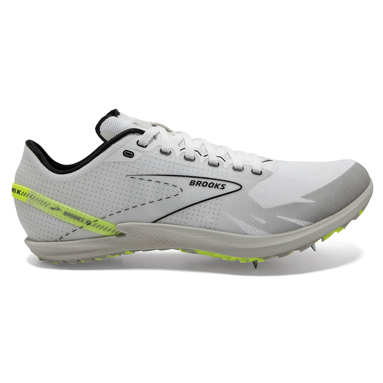 Side view on white background of Mens Brooks Draft XC running shoe in White/Black/Nightlife, Medium (Regular) width