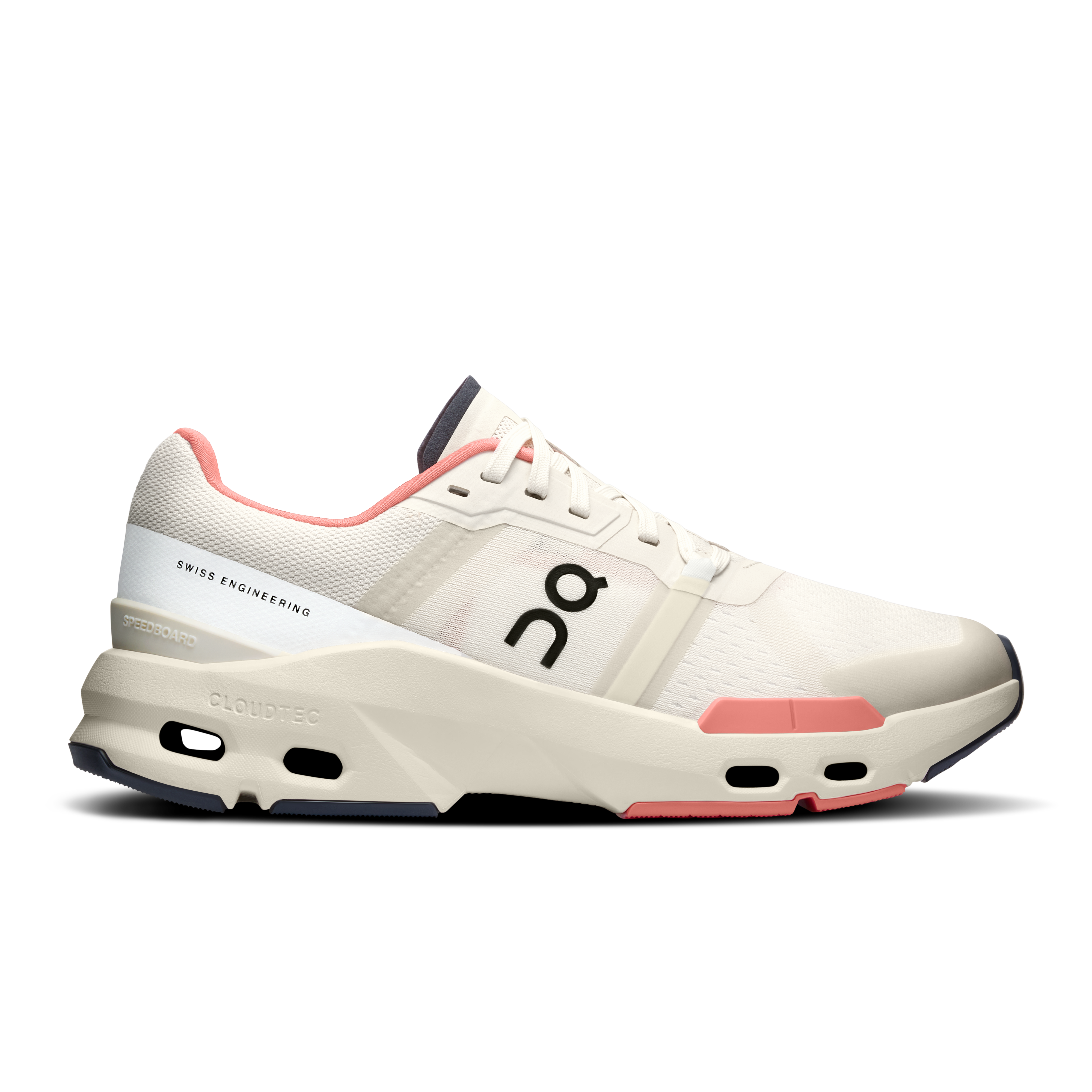Side view on white background of Womens On Cloudpulse running shoe in Cream/Salmon, Medium (Regular) width