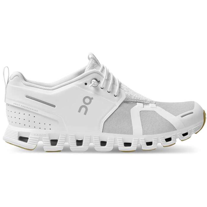 Side view on white background of Womens On Cloud 5 Terry running shoe in White/Almond, Medium (Regular) width