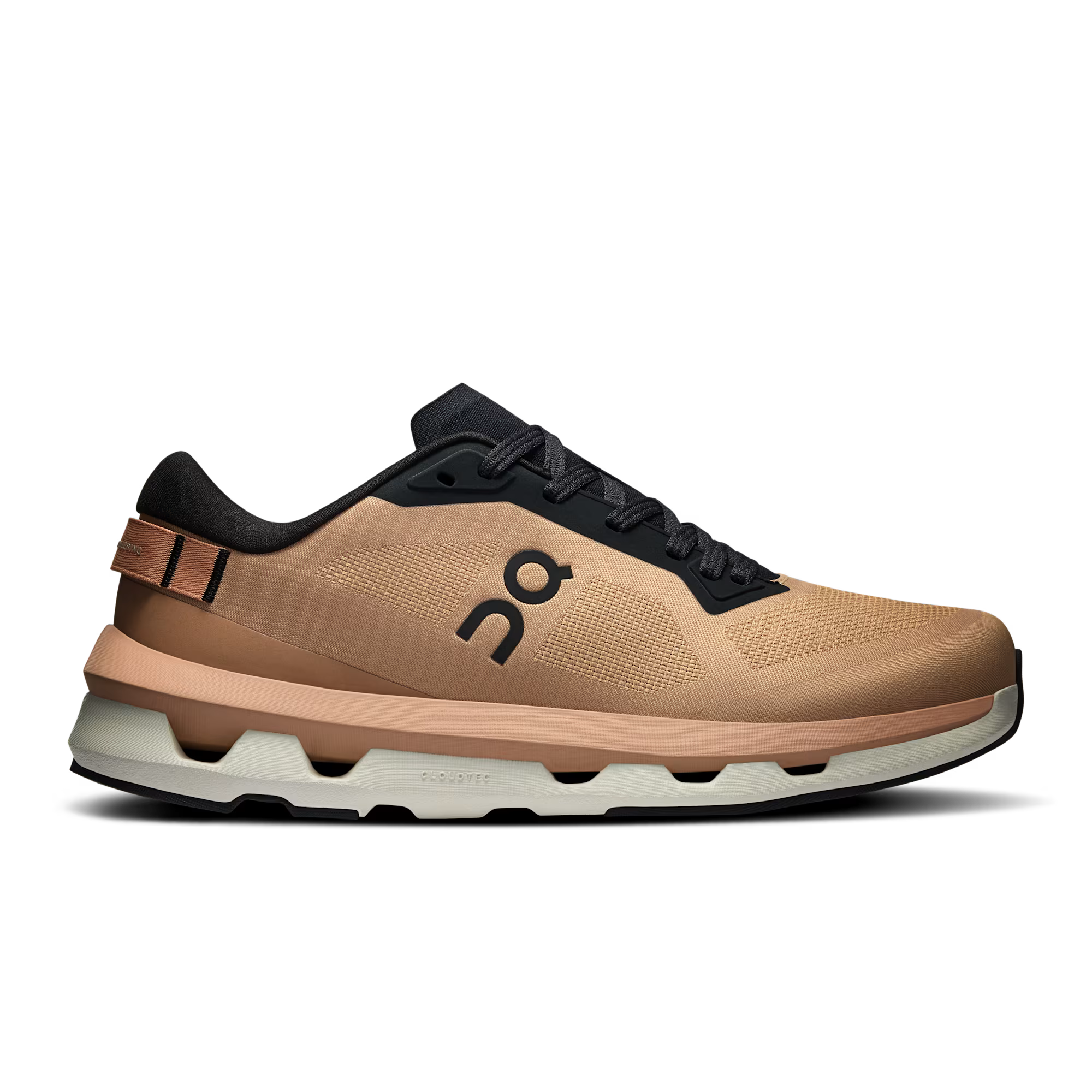 Side view on white background of Womens On Cloudzone running shoe in Rosebrown/Black, Medium (Regular) width