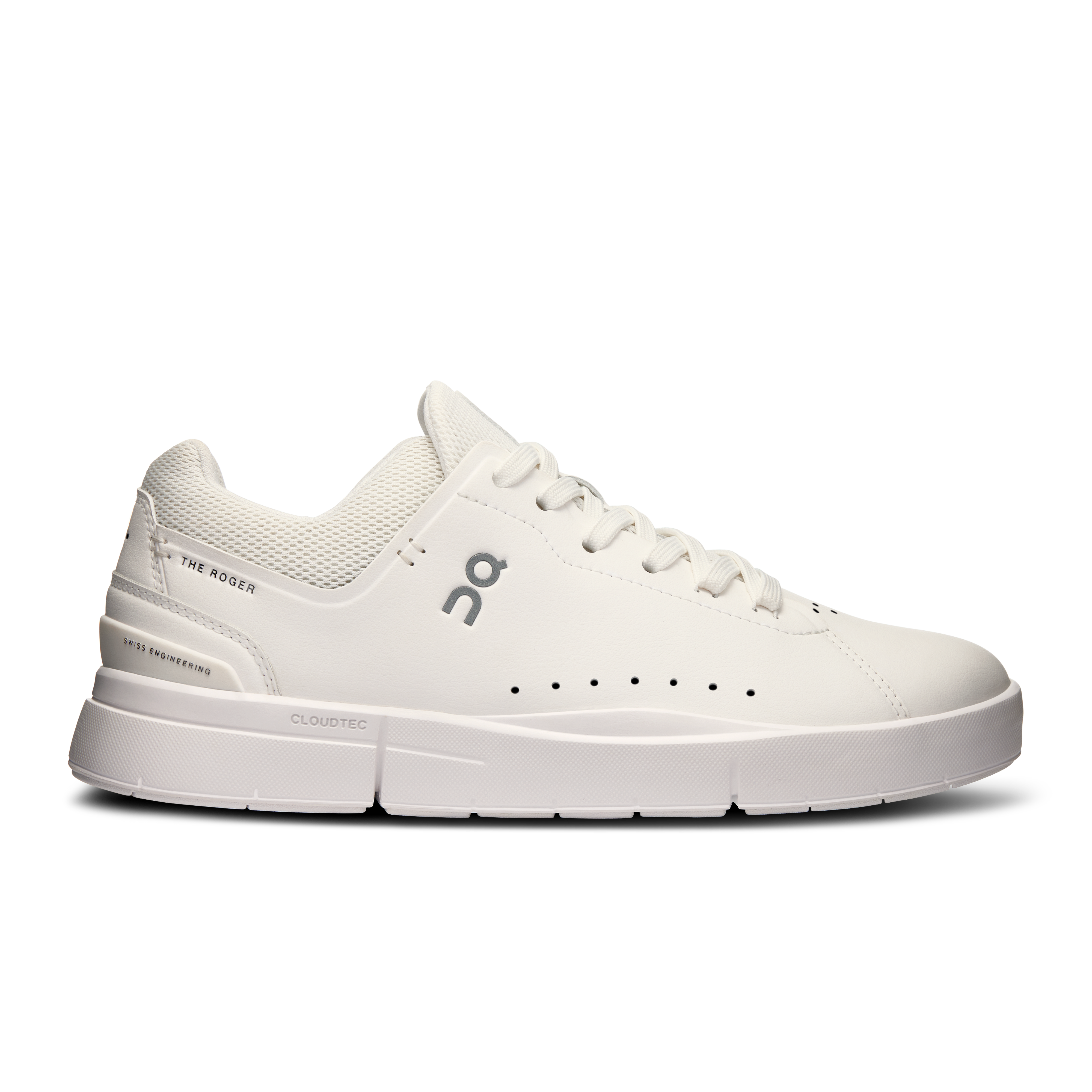 Side view on white background of Womens On The Roger Advantage 2 running shoe in All White, Medium (Regular) width