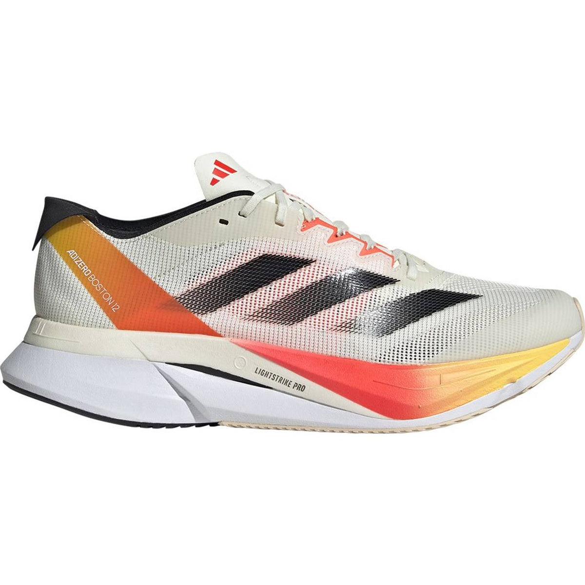 Side view on white background of Mens Adidas Adizero Boston 12 running shoe in Ivory/Iron Metallic/Solar Red, Medium (Regular) width