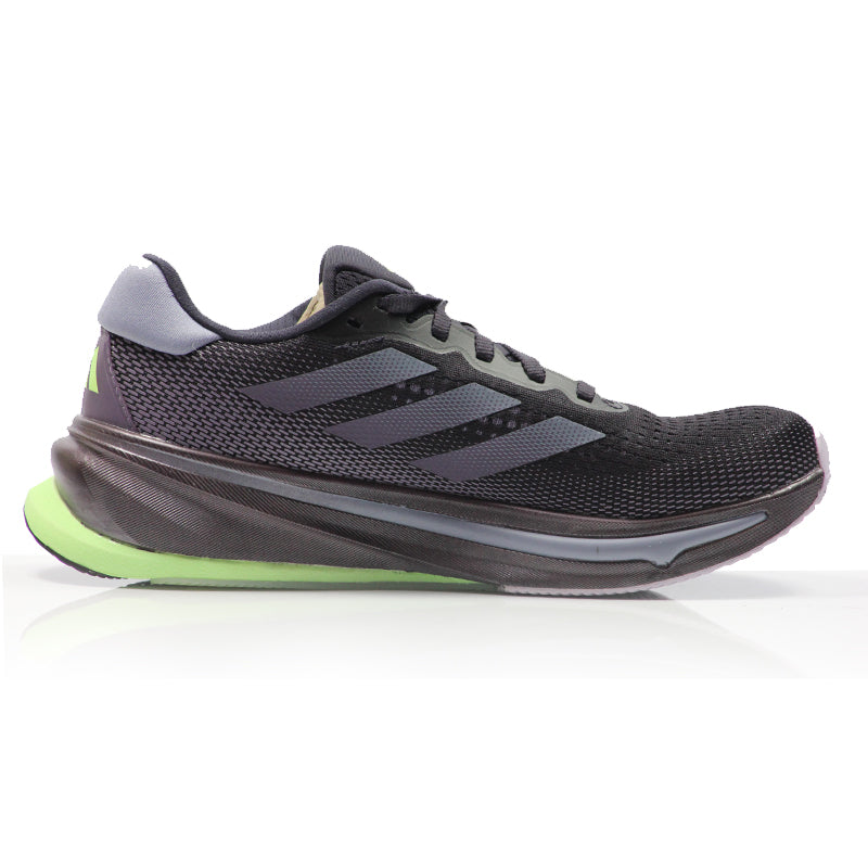 Side view of Adidas Supernova Rise running shoes in Aurora Black/Shadow Violet/Grey Spark