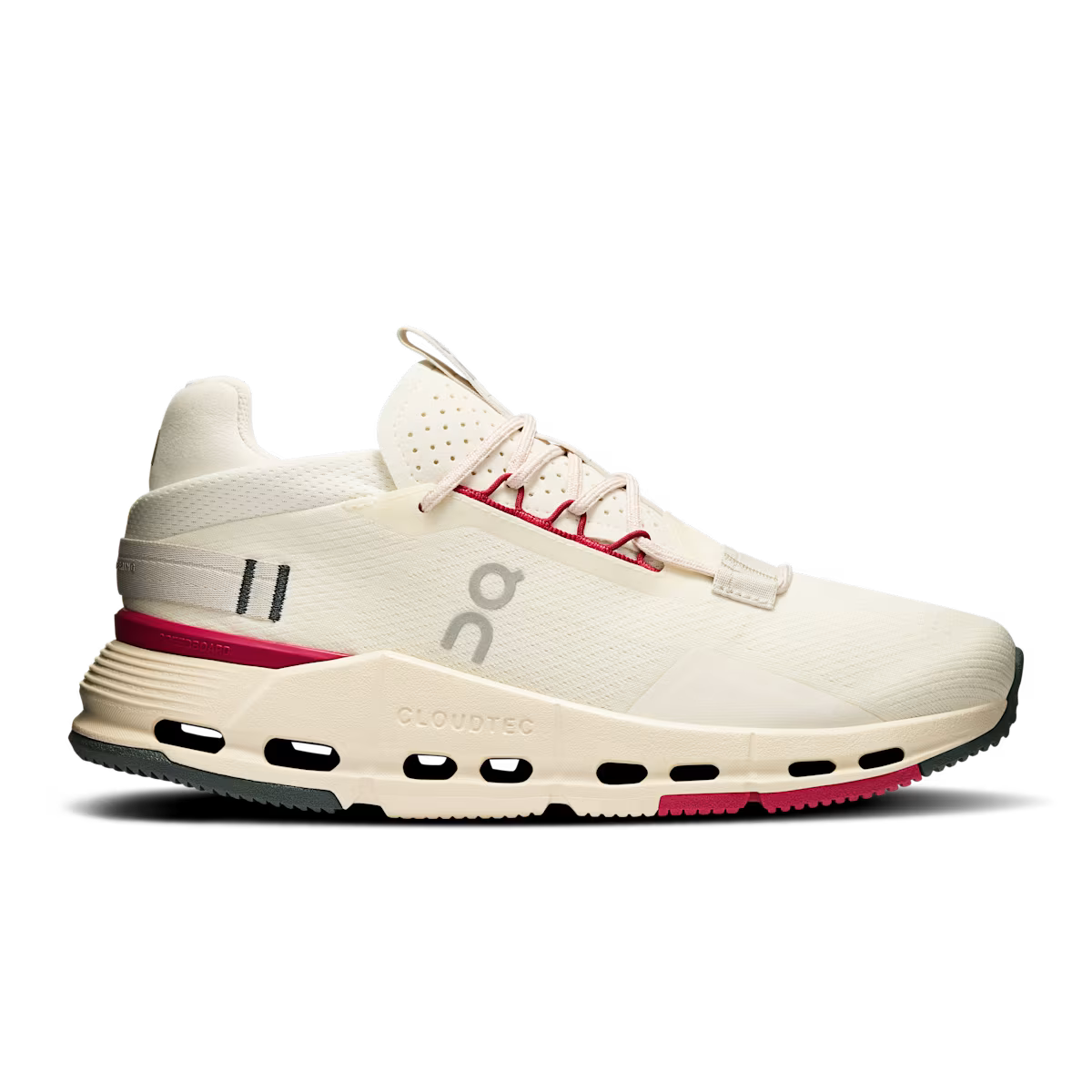 Side view on white background of Womens On Cloudnova 2 running shoe in Ivory/Grenadine, Medium (Regular) width