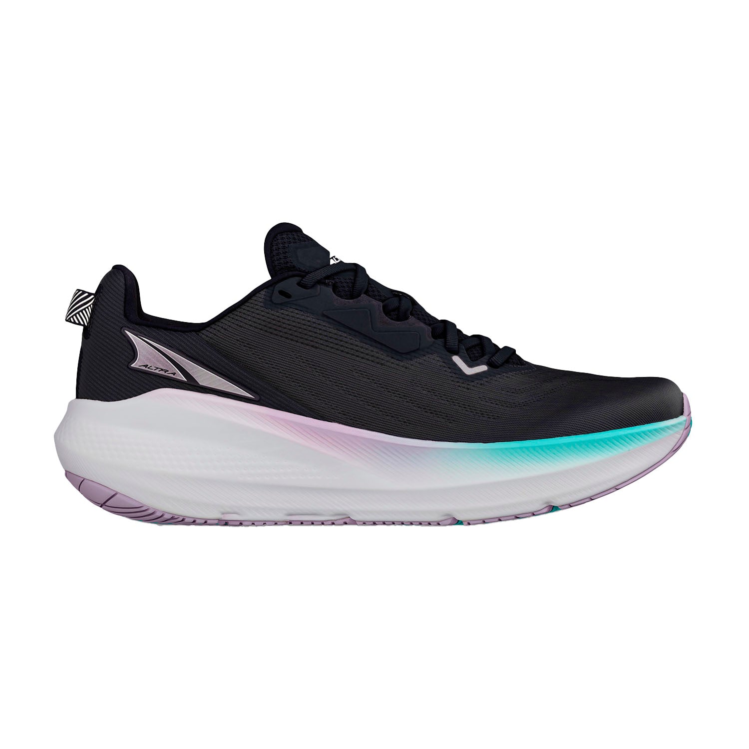 Side view on white background of Womens Altra FWD Via running shoe in Black/Purple, Medium (Regular) width
