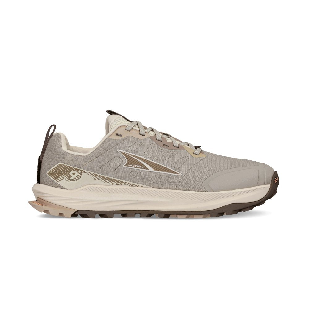 Side view on white background of Womens Altra Lone Peak 9 running shoe in Taupe, Medium (Regular) width
