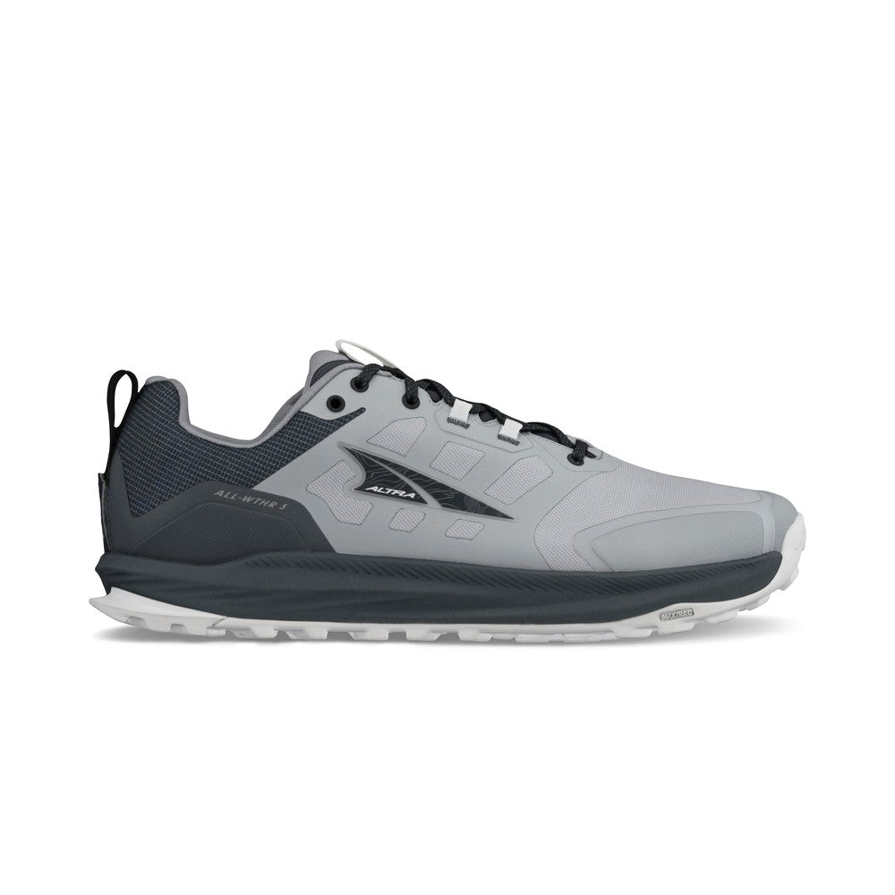 Side view on white background of Mens Altra Lone Peak 9 Waterproof Low running shoe in Gray, Medium (Regular) width