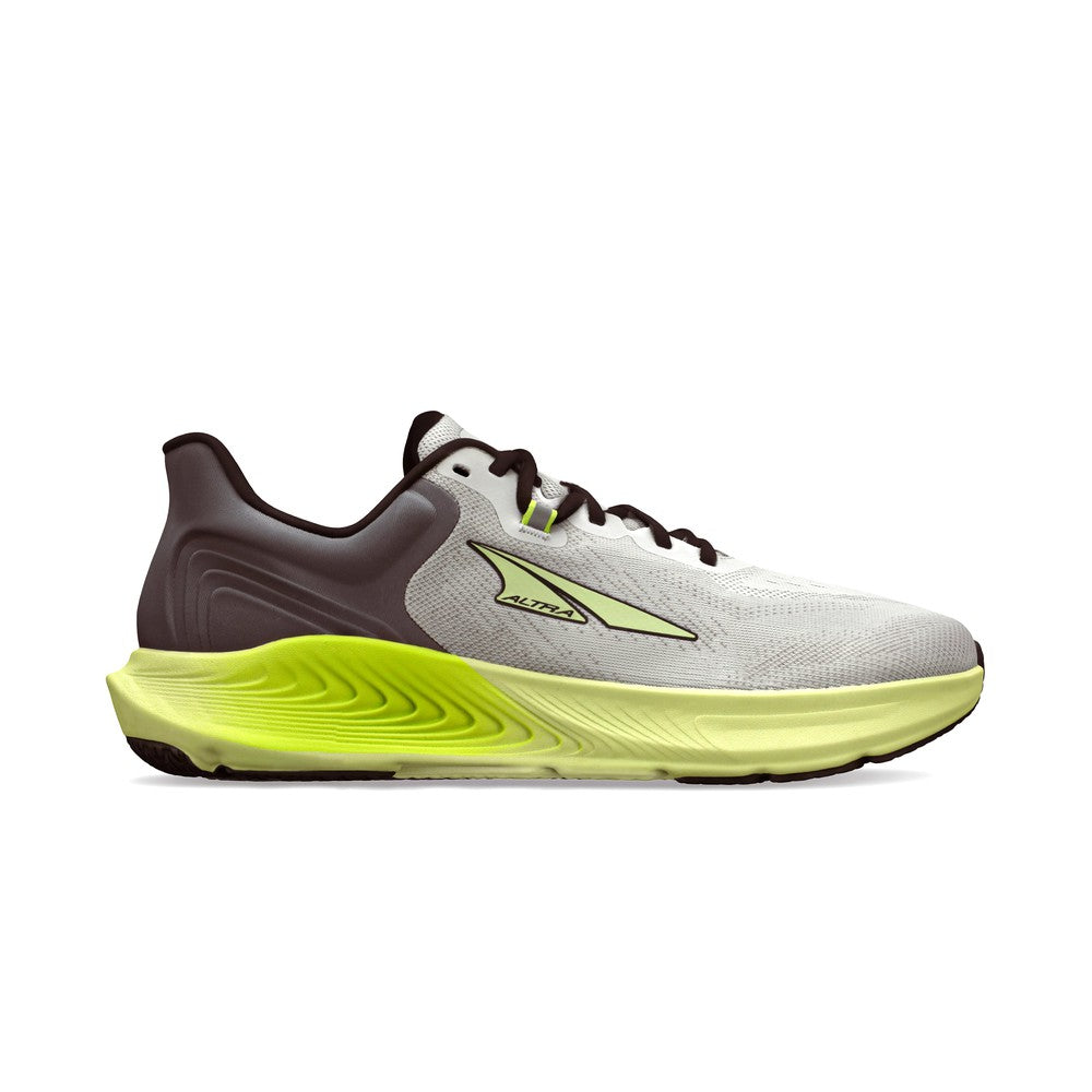 Side view on white background of Mens Altra Provision 8 running shoe in Gray/Green, Medium (Regular) width