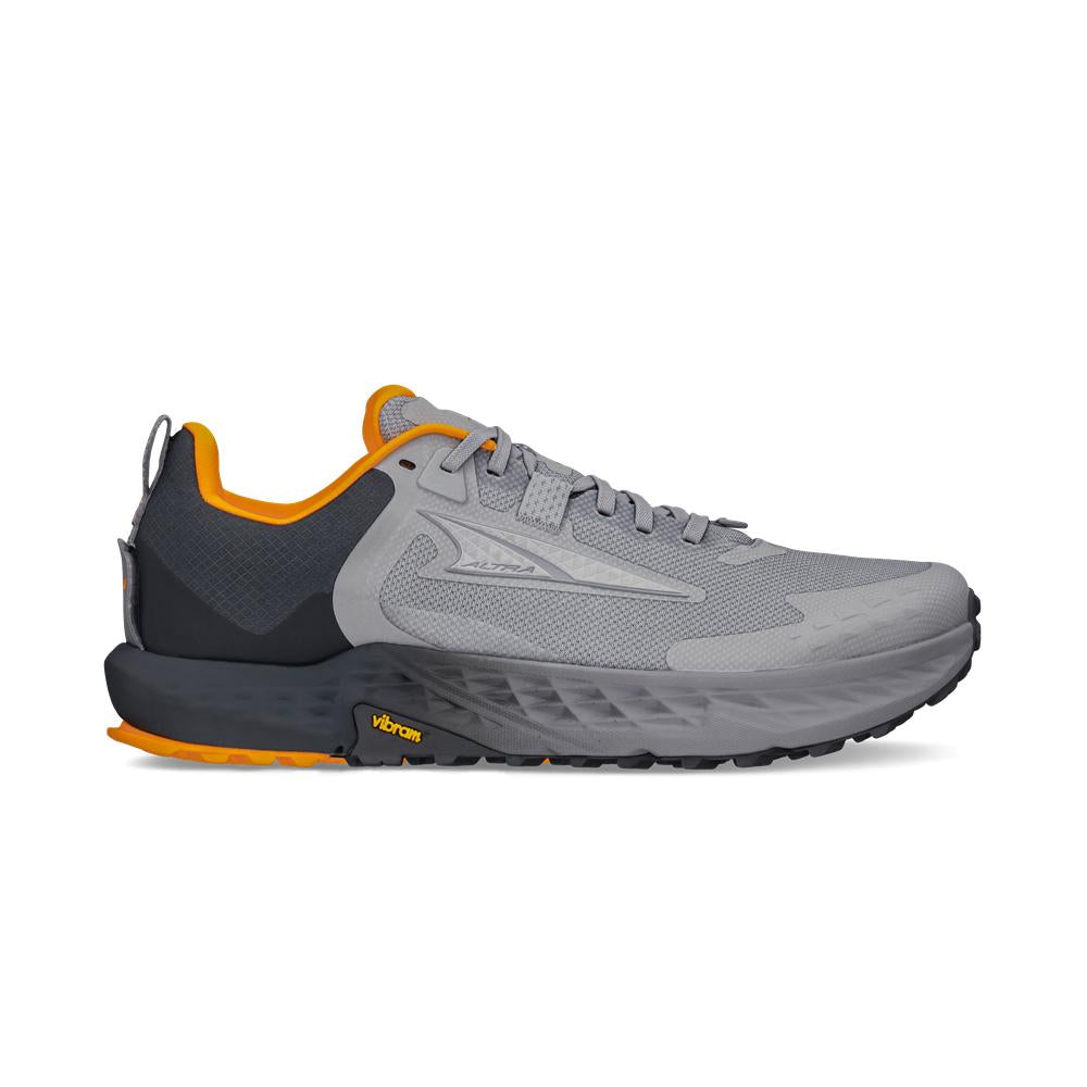 Side view on white background of Mens Altra Timp 5 running shoe in Gray, Medium (Regular) width