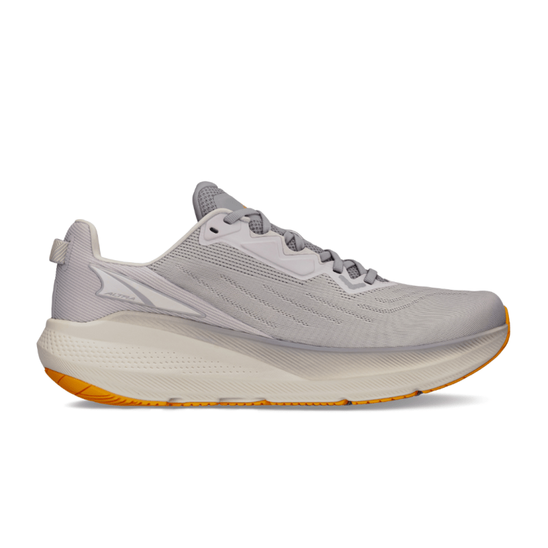 Side view on white background of Mens Altra FWD Via running shoe in Gray/Orange, Medium (Regular) width