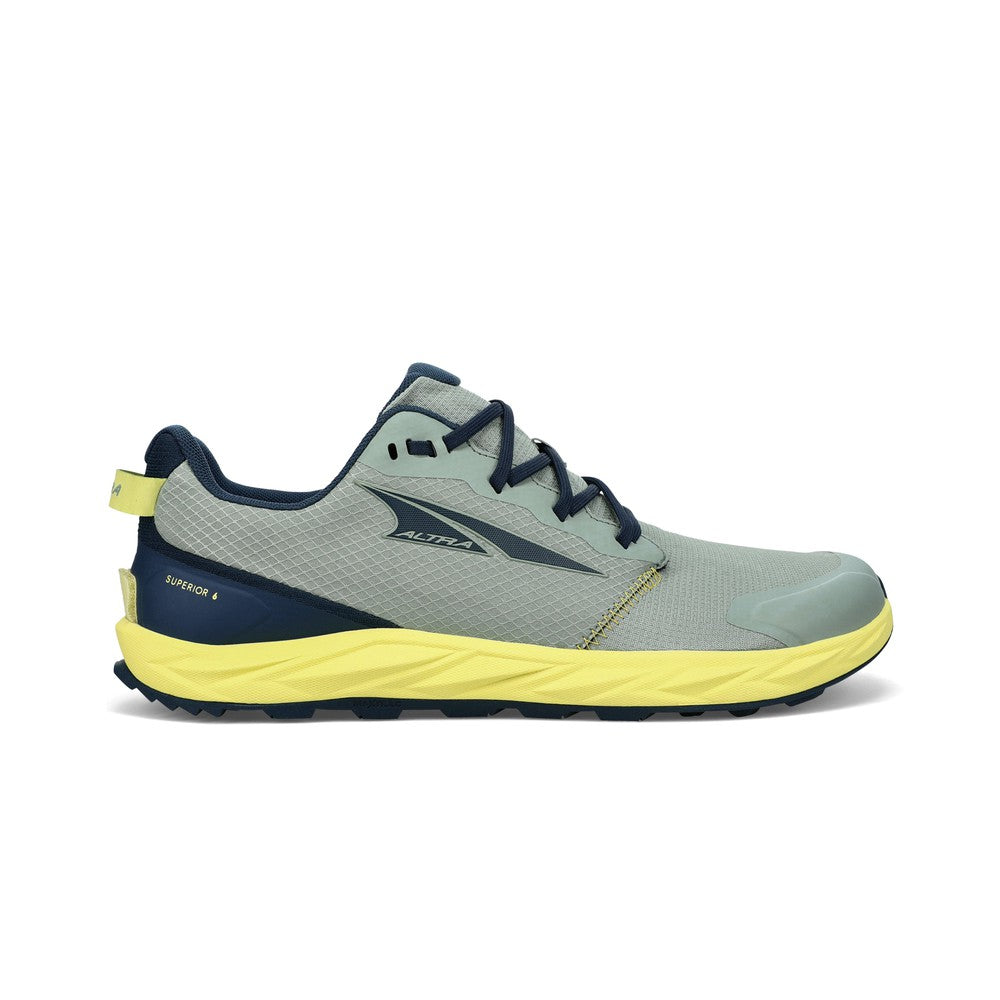 Side view on white background of Mens Altra Superior 6 running shoe in Light Green, Medium (Regular) width