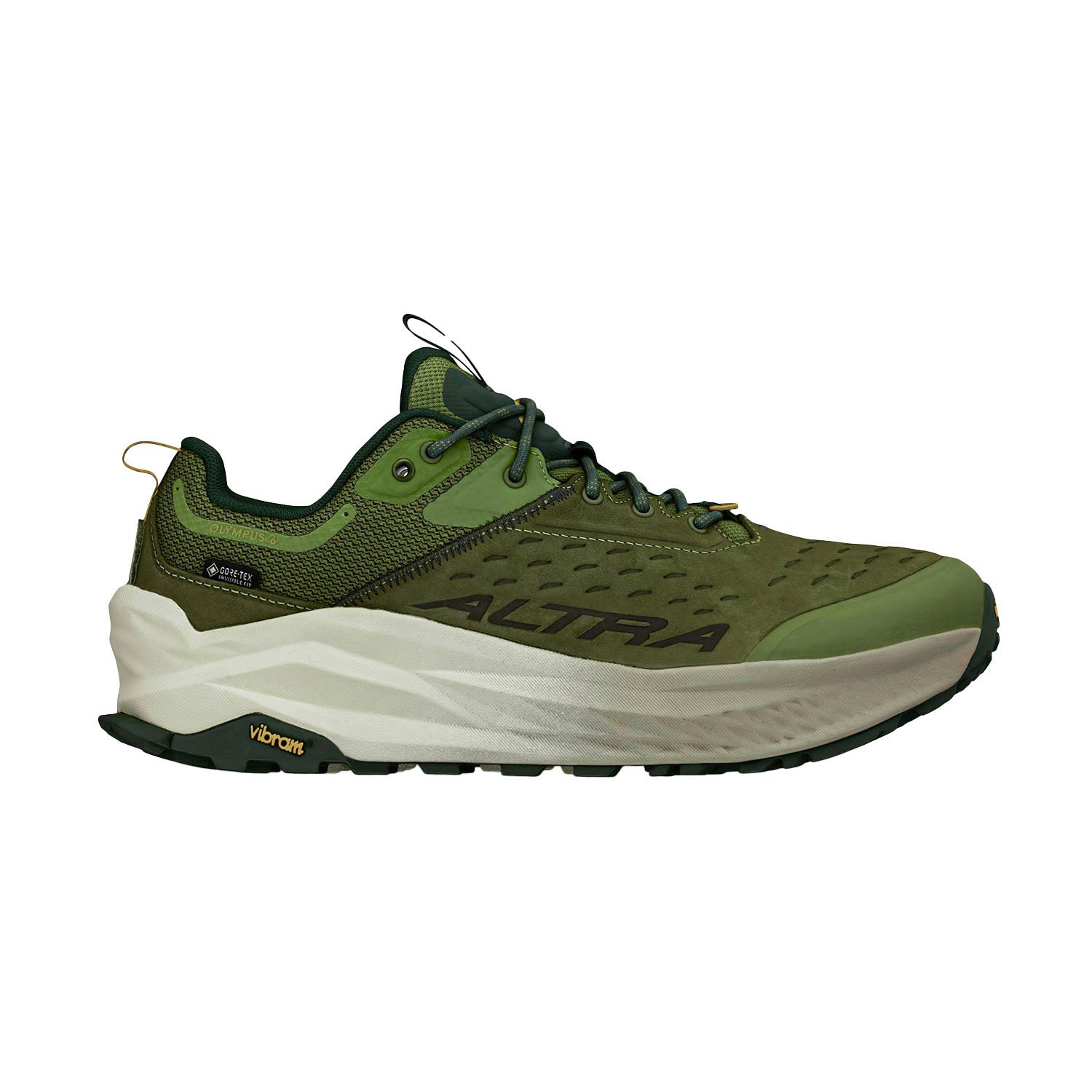 Side view on white background of Mens Altra Olympus 6 Hike Low GTX running shoe in Dusty Olive, Medium (Regular) width