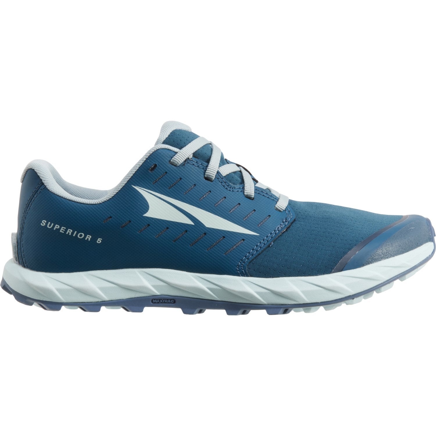 Side view on white background of Womens Altra Superior 5 running shoe in Blue, Medium (Regular) width