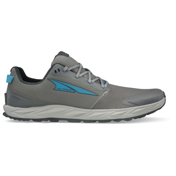 Side view on white background of Mens Altra Superior 6 running shoe in Gray, Medium (Regular) width
