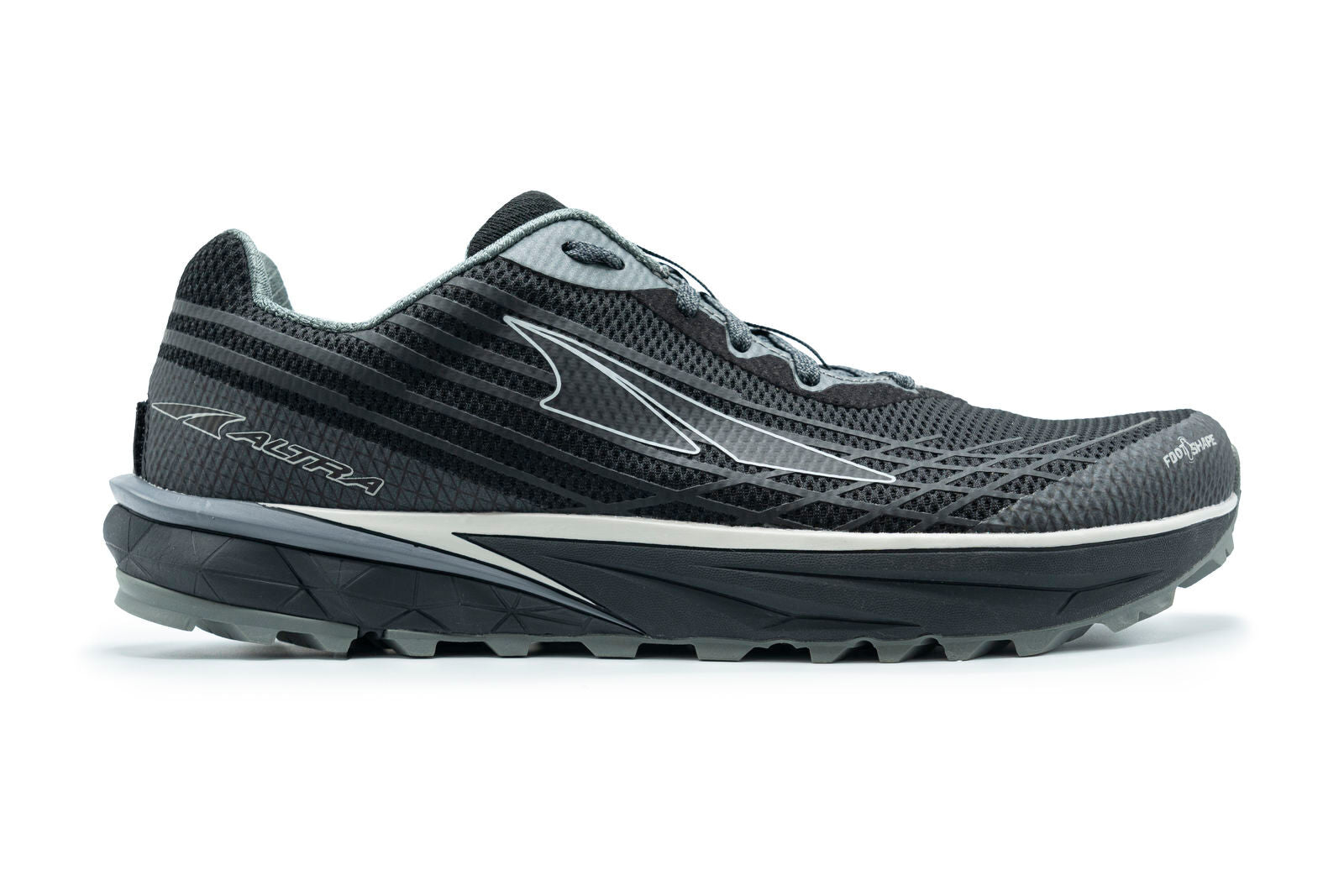 Side view on white background of Mens Altra Timp 2 running shoe in Black, Medium (Regular) width