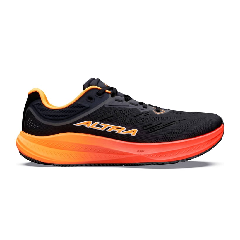 Side view on white background of Mens Altra Torin running shoe in Blk/Orng Pop/Firy Coral, Medium (Regular) width