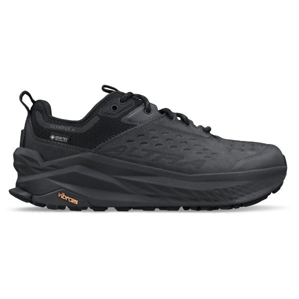 Side view on white background of Mens Altra Olympus 6 Hike Low GTX running shoe in Black, Medium (Regular) width