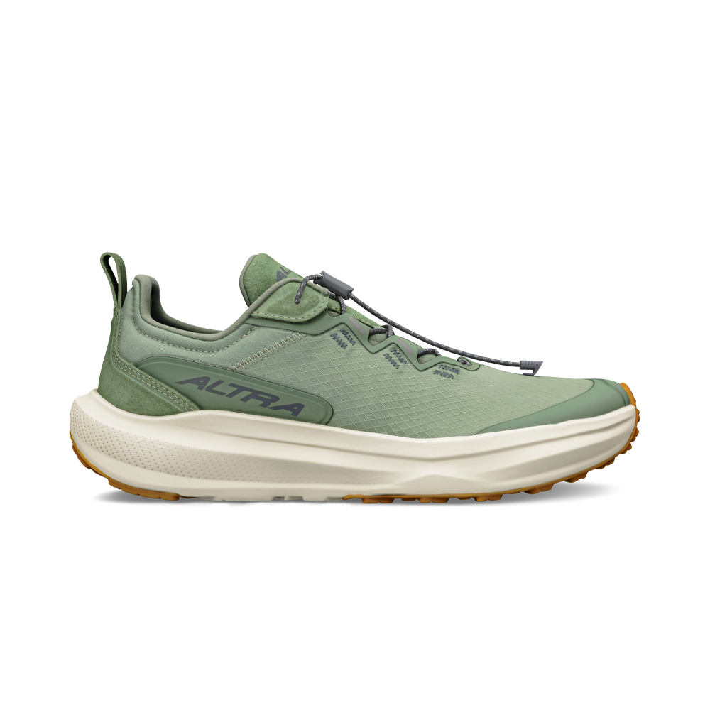 Side view on white background of Womens Altra Voyager running shoe in Dusty Olive, Medium (Regular) width