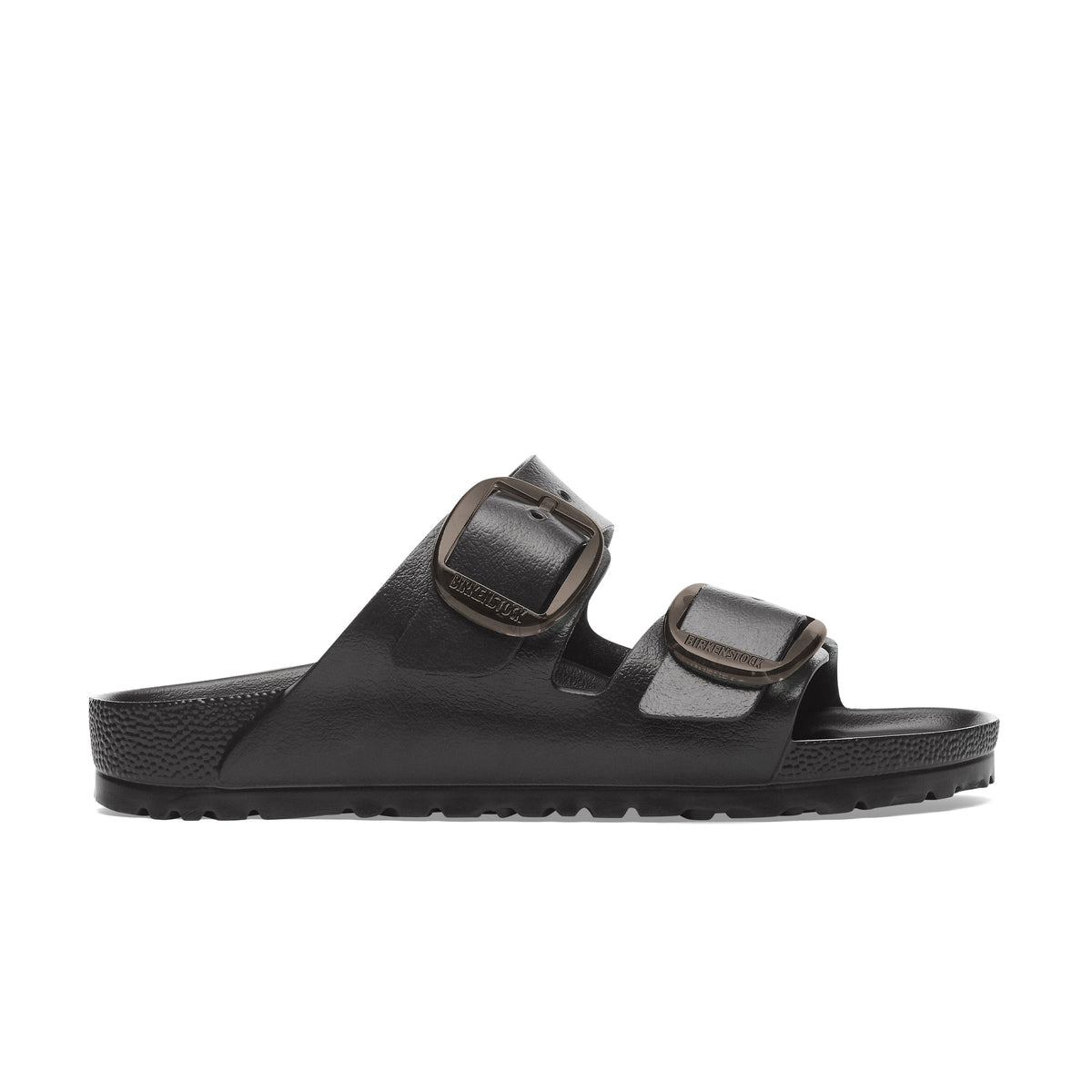 Side view on white background of Womens Birkenstock Arizona EVA running shoe in Black, Narrow width