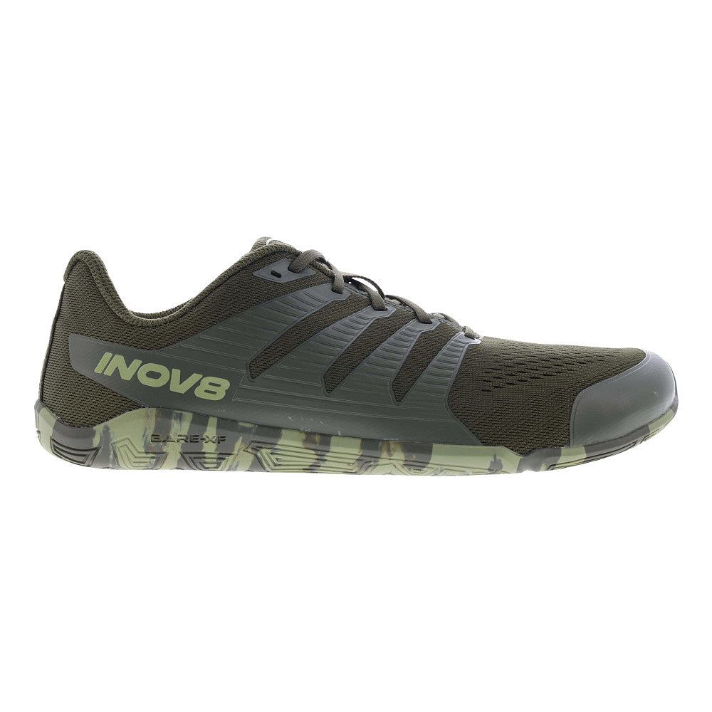 Side view on white background of Mens Inov8 Bare-XF running shoe in Dark Green/Dark Grey, Wide width