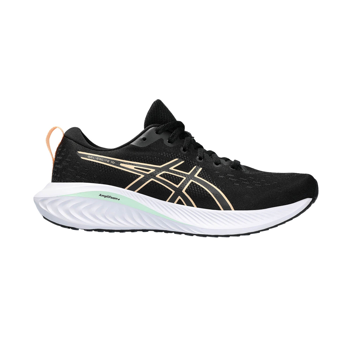 Side view on white background of Womens Asics Gel-Excite 10 running shoe in Black/Apricot Crush, Medium (Regular) width