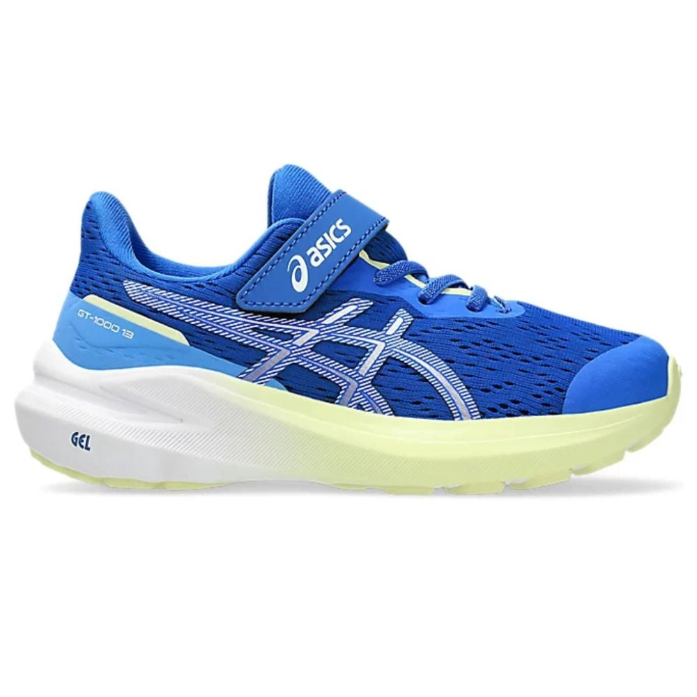 Side view on white background of Kids Asics GT-1000 13 PS running shoe in Illusion Blue/White, Medium (Regular) width