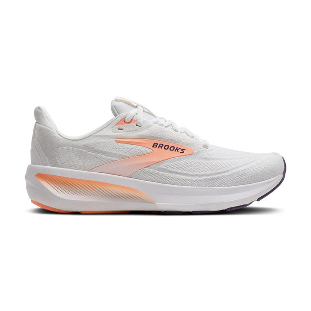 Side view on white background of Womens Brooks Revel 9 running shoe in White/Cyber Peach/Purple, Medium (Regular) width