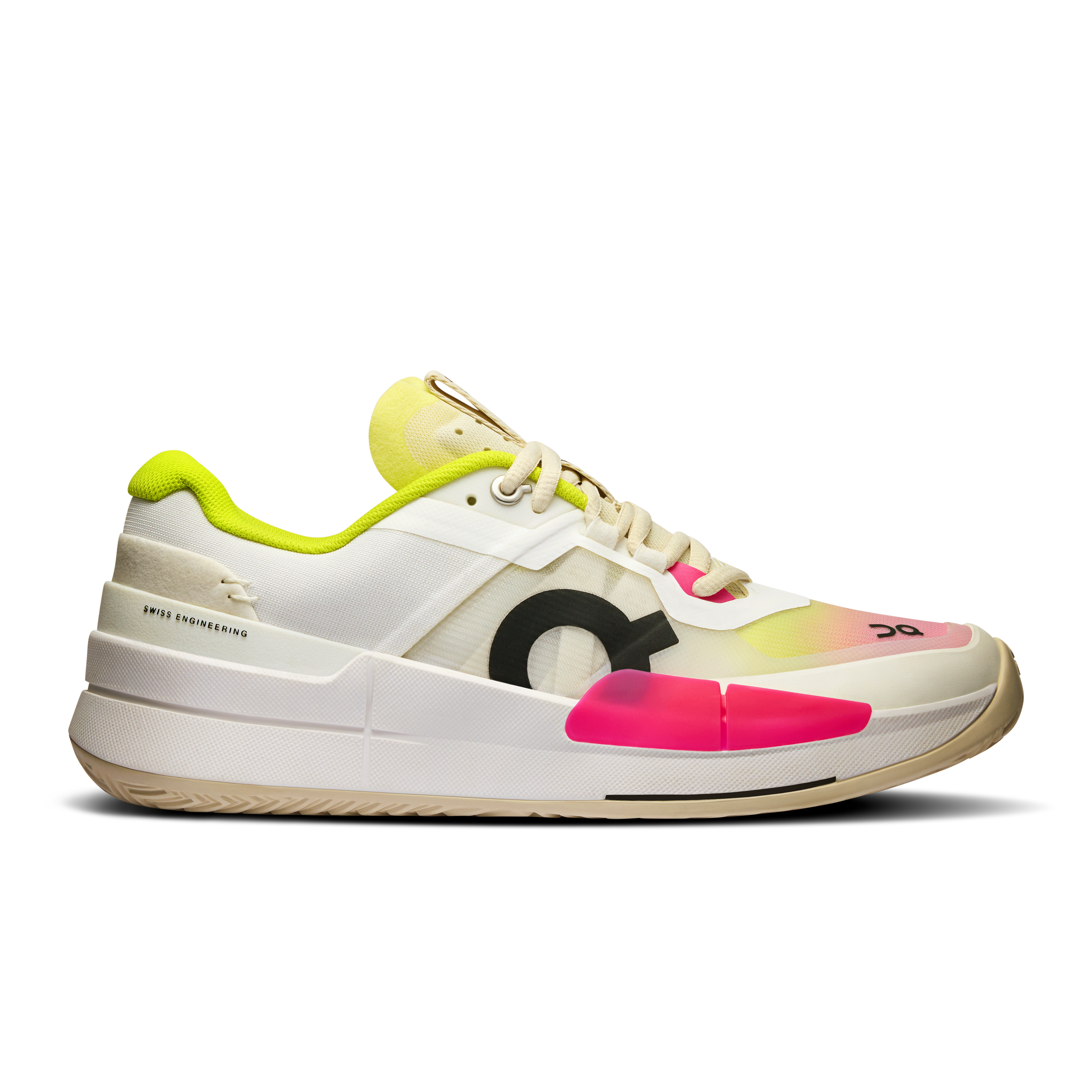Side view on white background of Womens On The Roger Pro 2 running shoe in White/Lime, Medium (Regular) width