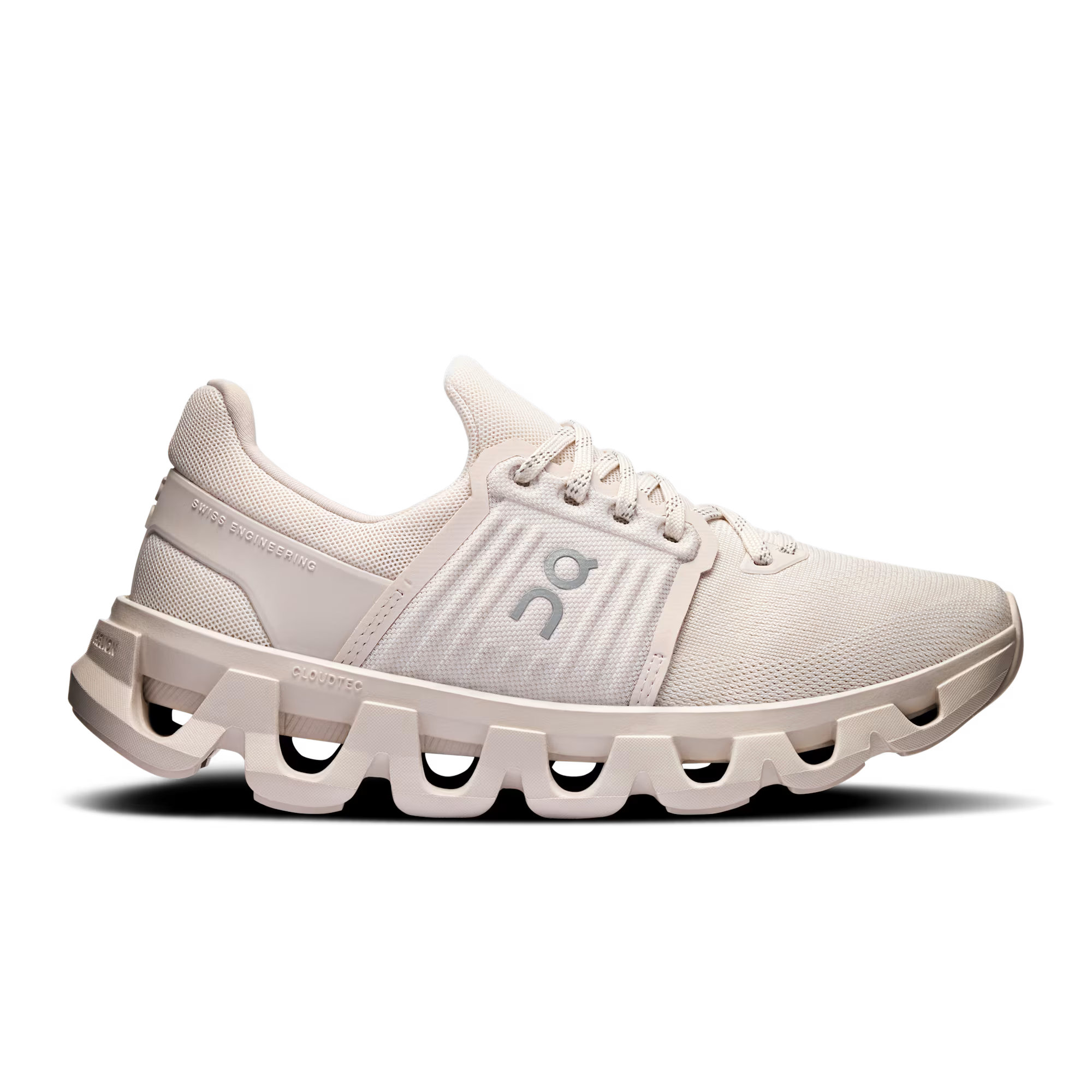 Side view on white background of Womens On Cloudswift 4 AD running shoe in Sand/Ivory, Medium (Regular) width