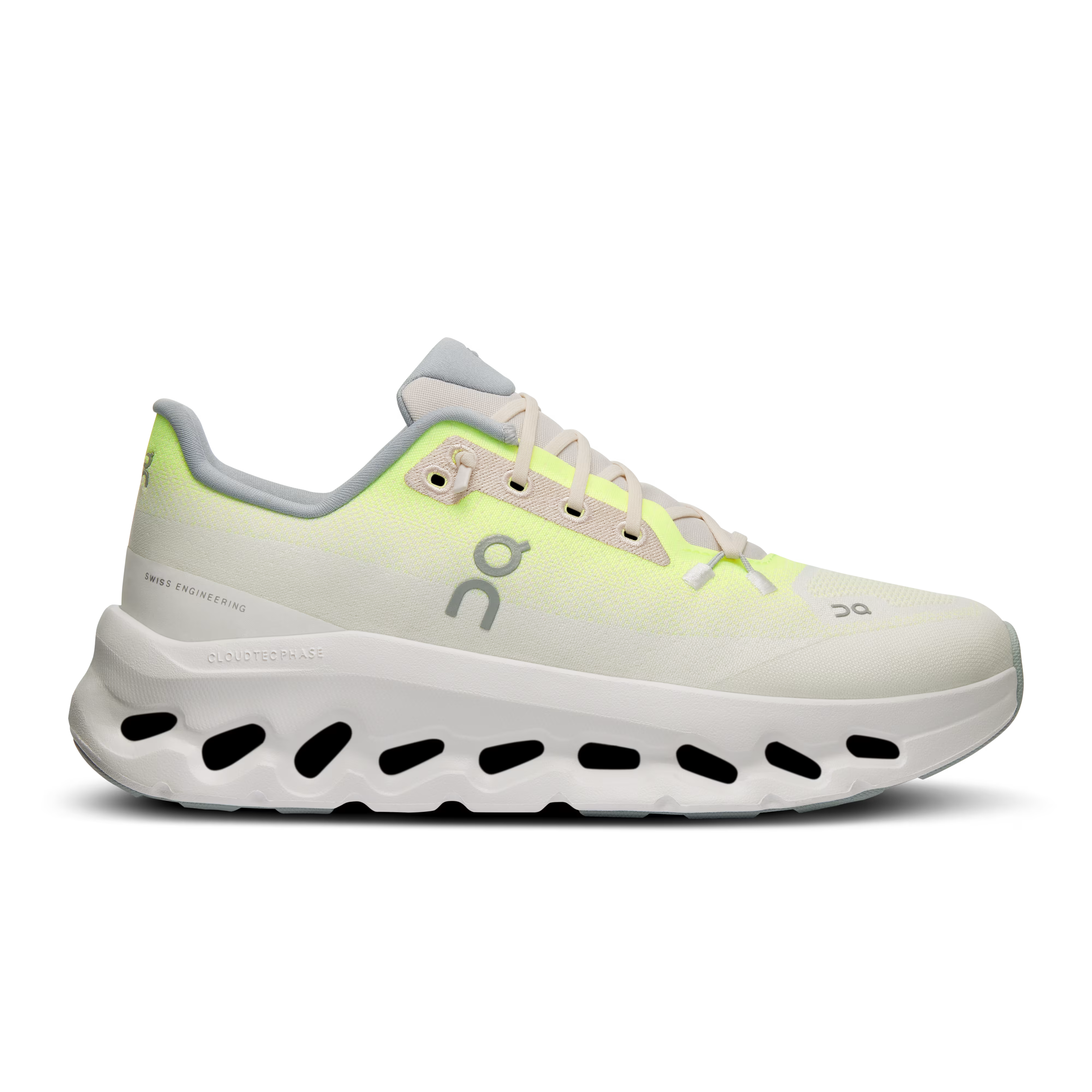 Side view on white background of Womens On Cloudtilt running shoe in Lime/Ivory, Medium (Regular) width