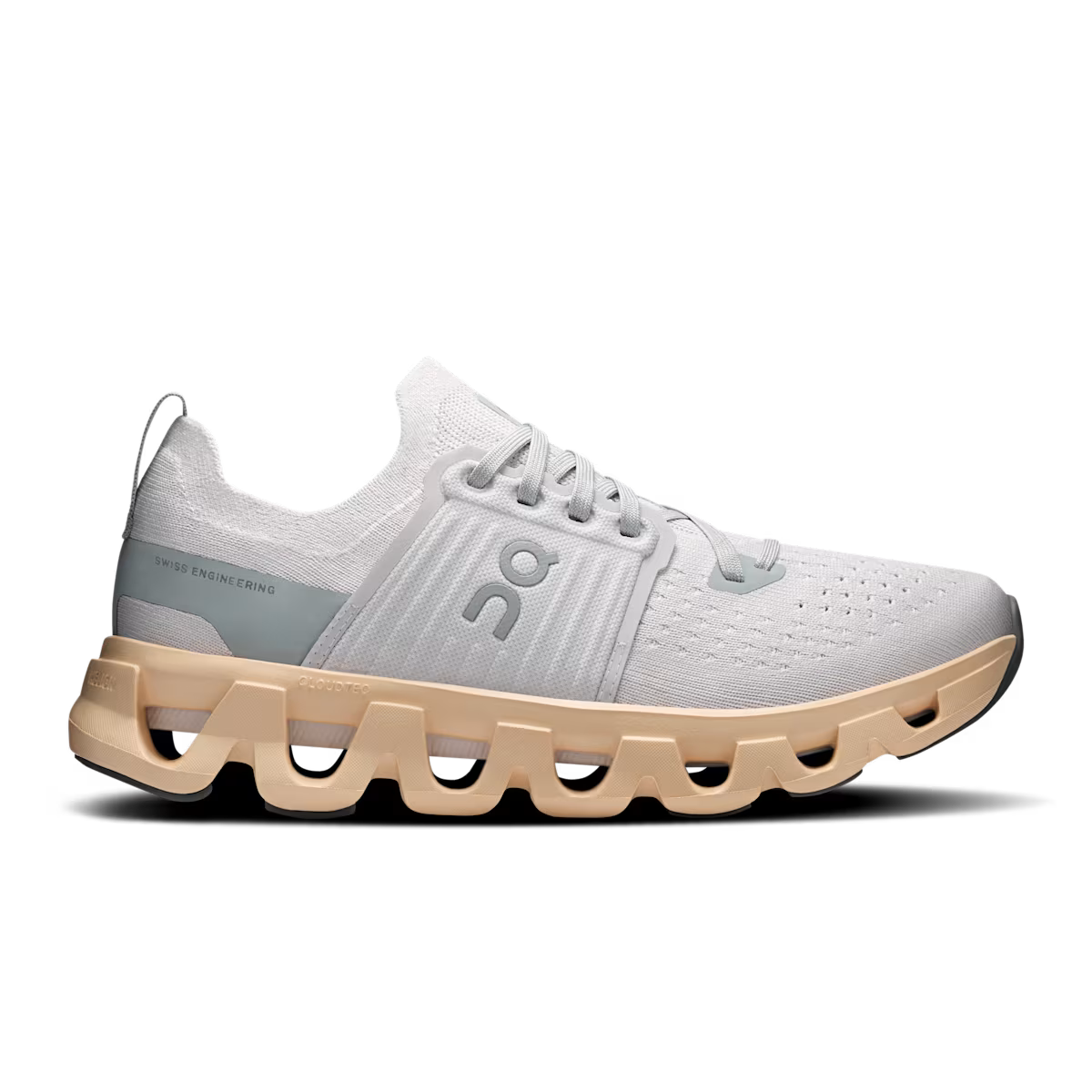 Side view on white background of Womens On Cloudswift 4 running shoe in Frost/Blonde, Medium (Regular) width