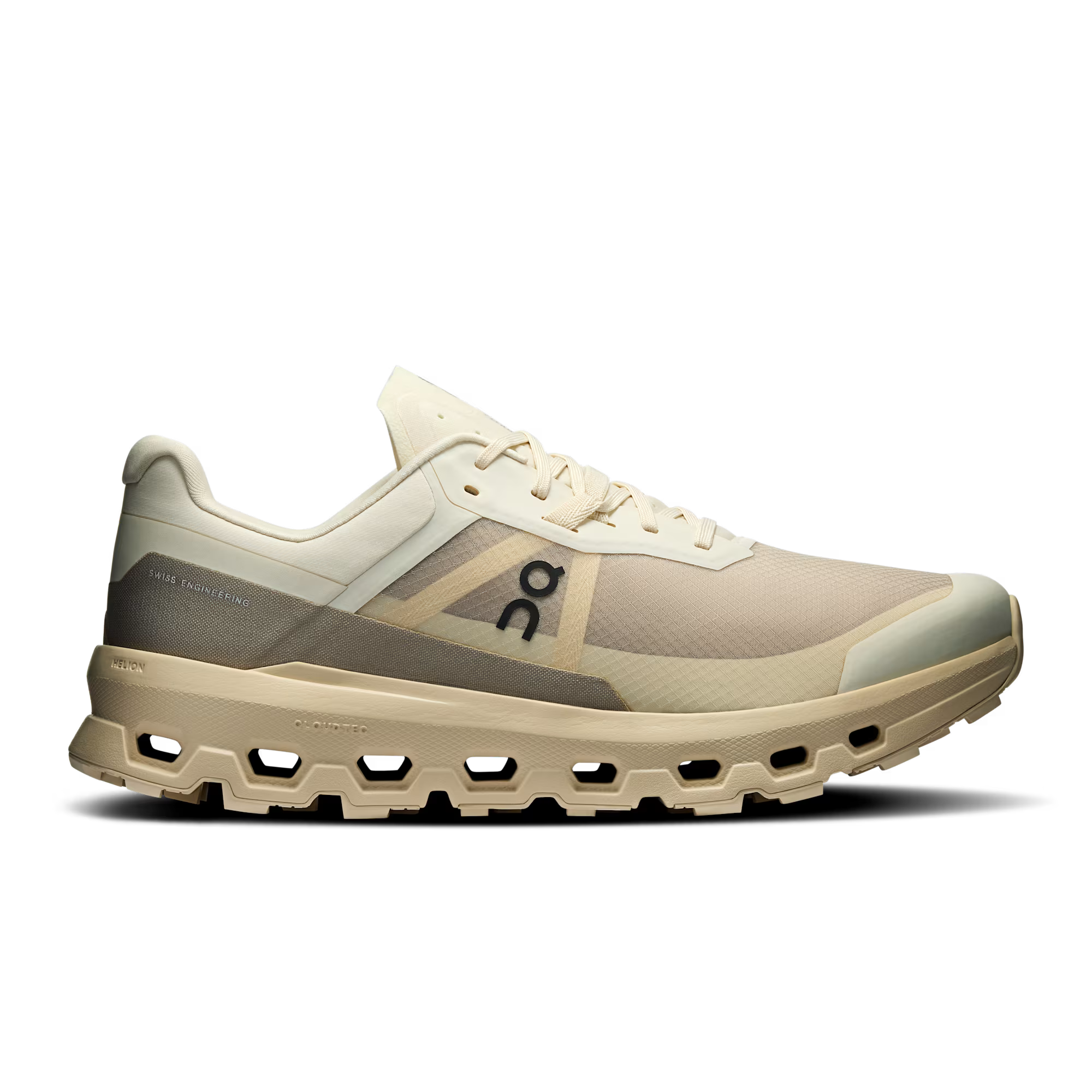 Side view on white background of Womens On Cloudvista 2 running shoe in Cream/Desert, Medium (Regular) width
