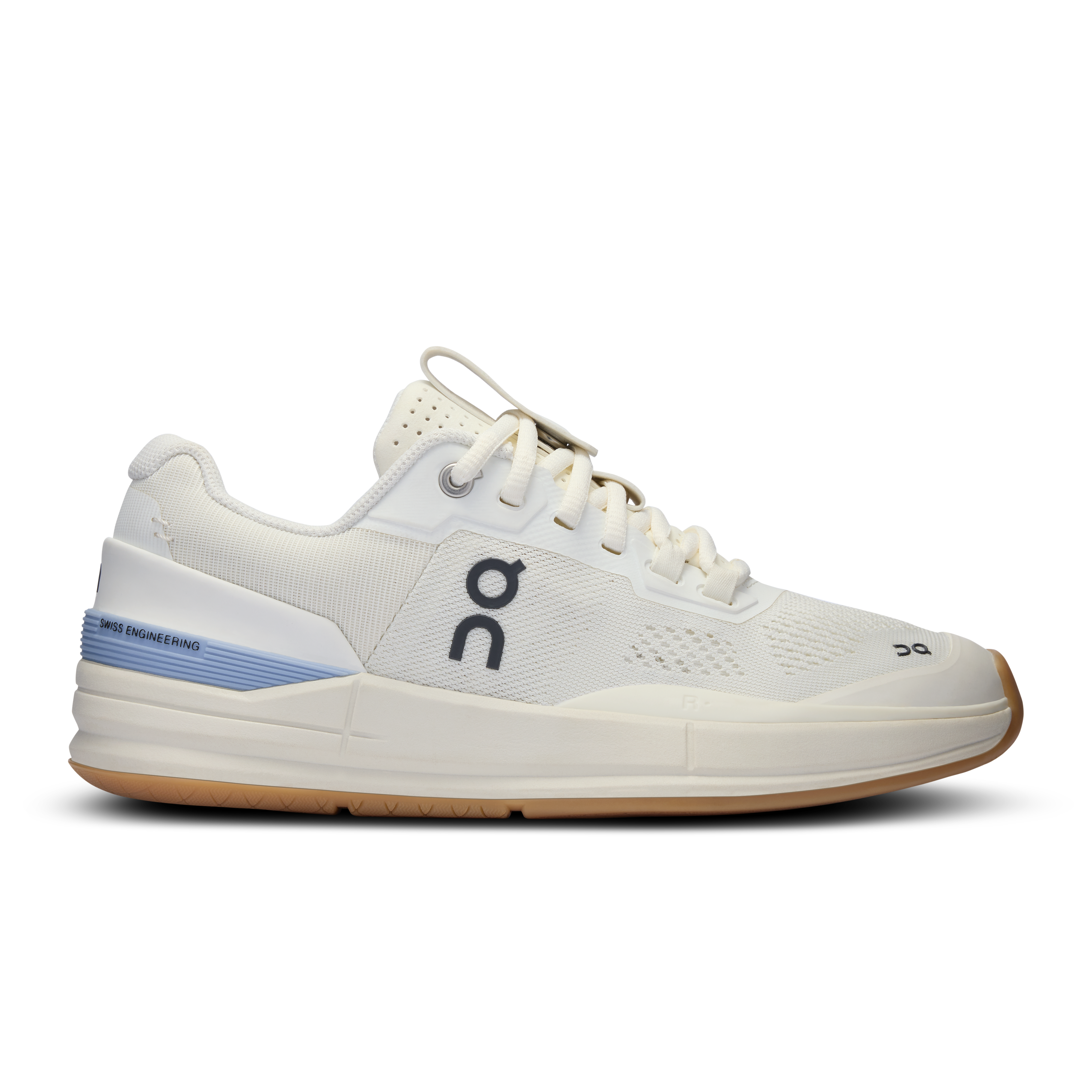 Side view on white background of Womens On The Roger Pro running shoe in Ivory/Chambray, Medium (Regular) width
