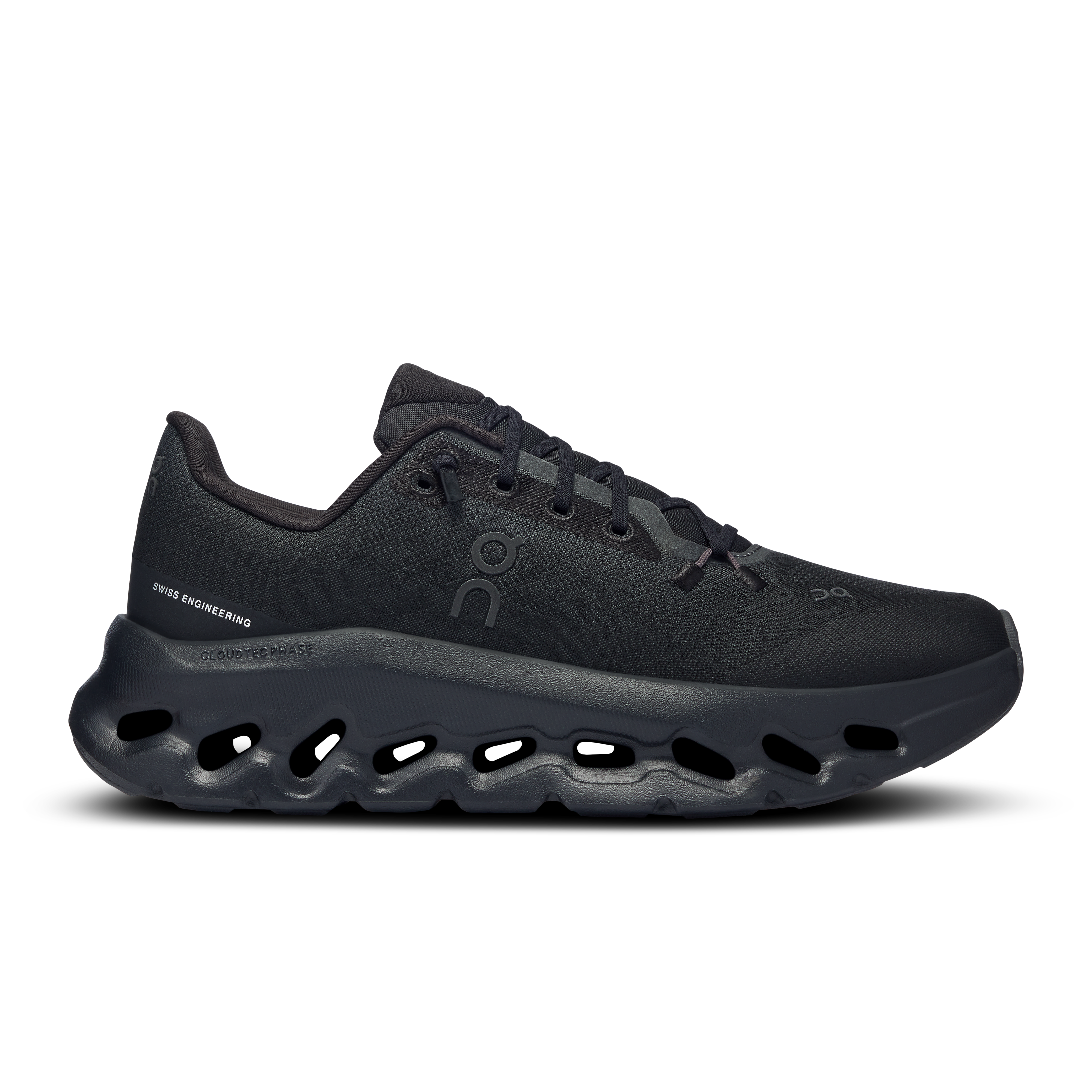 Side view on white background of Womens On Cloudtilt running shoe in Eclipse/Black, Medium (Regular) width