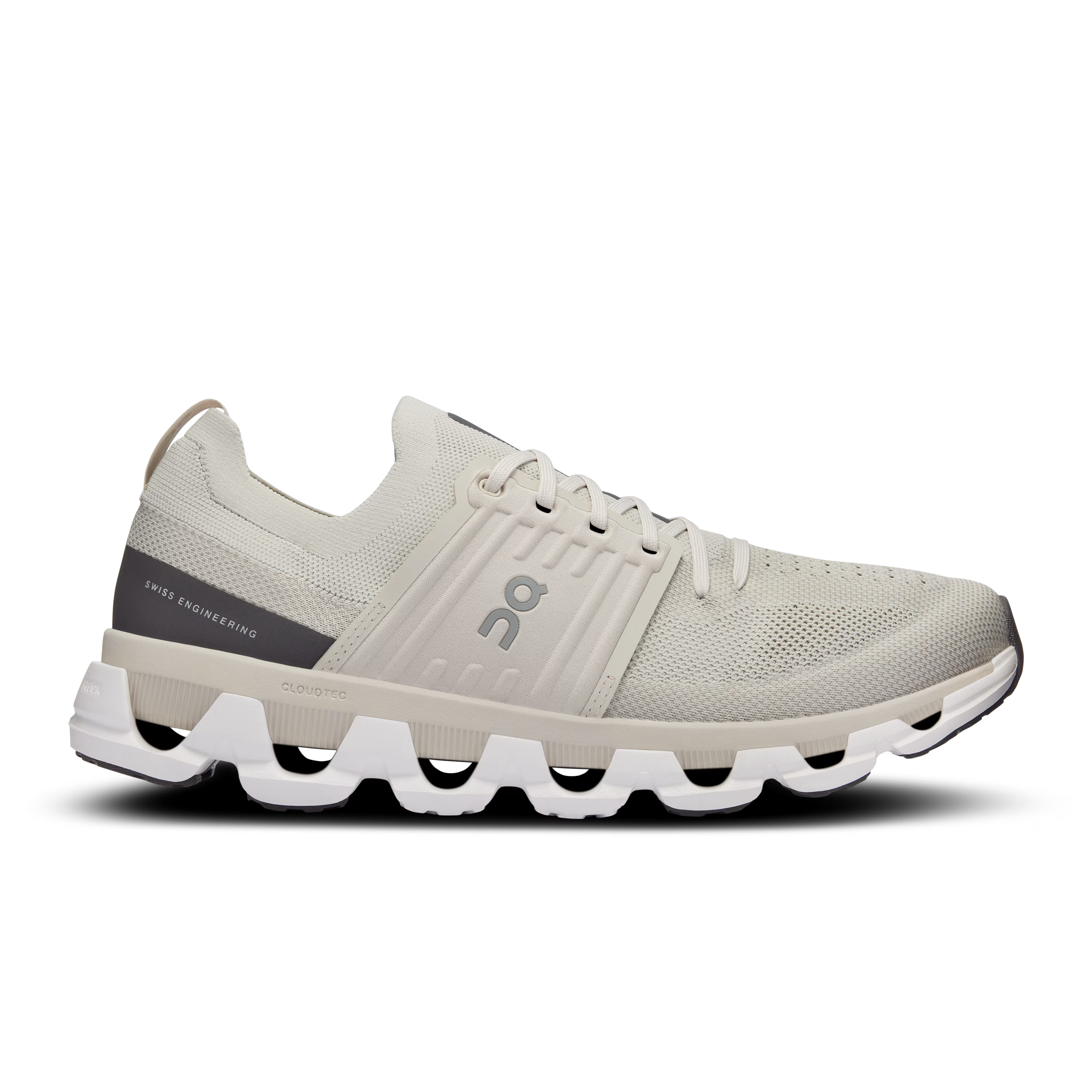 Side view on white background of Mens On Cloudswift 3 running shoe in Pearl/Eclipse, Medium (Regular) width