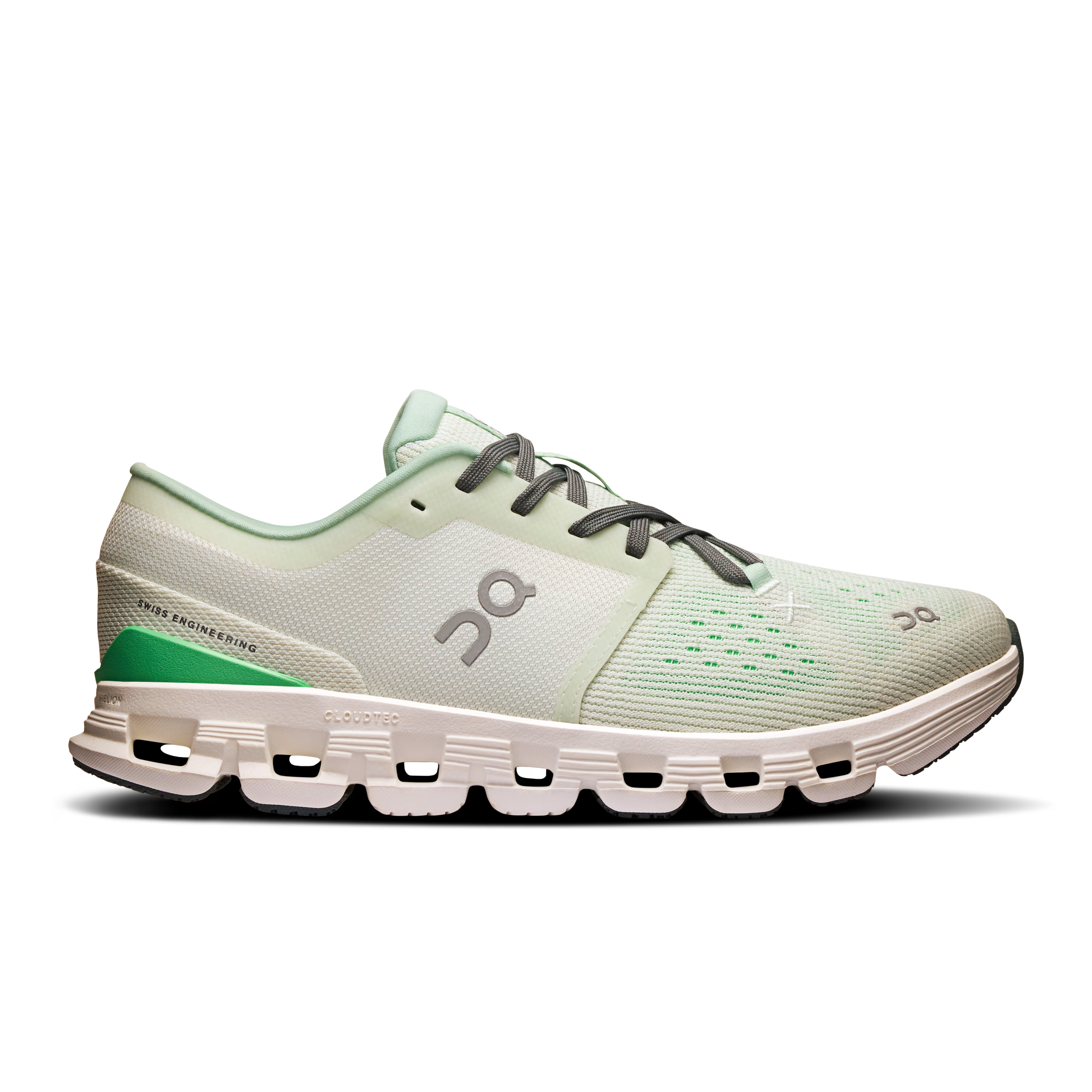 Side view on white background of Womens On Cloud X 4 running shoe in Aloe/Honeydew, Medium (Regular) width