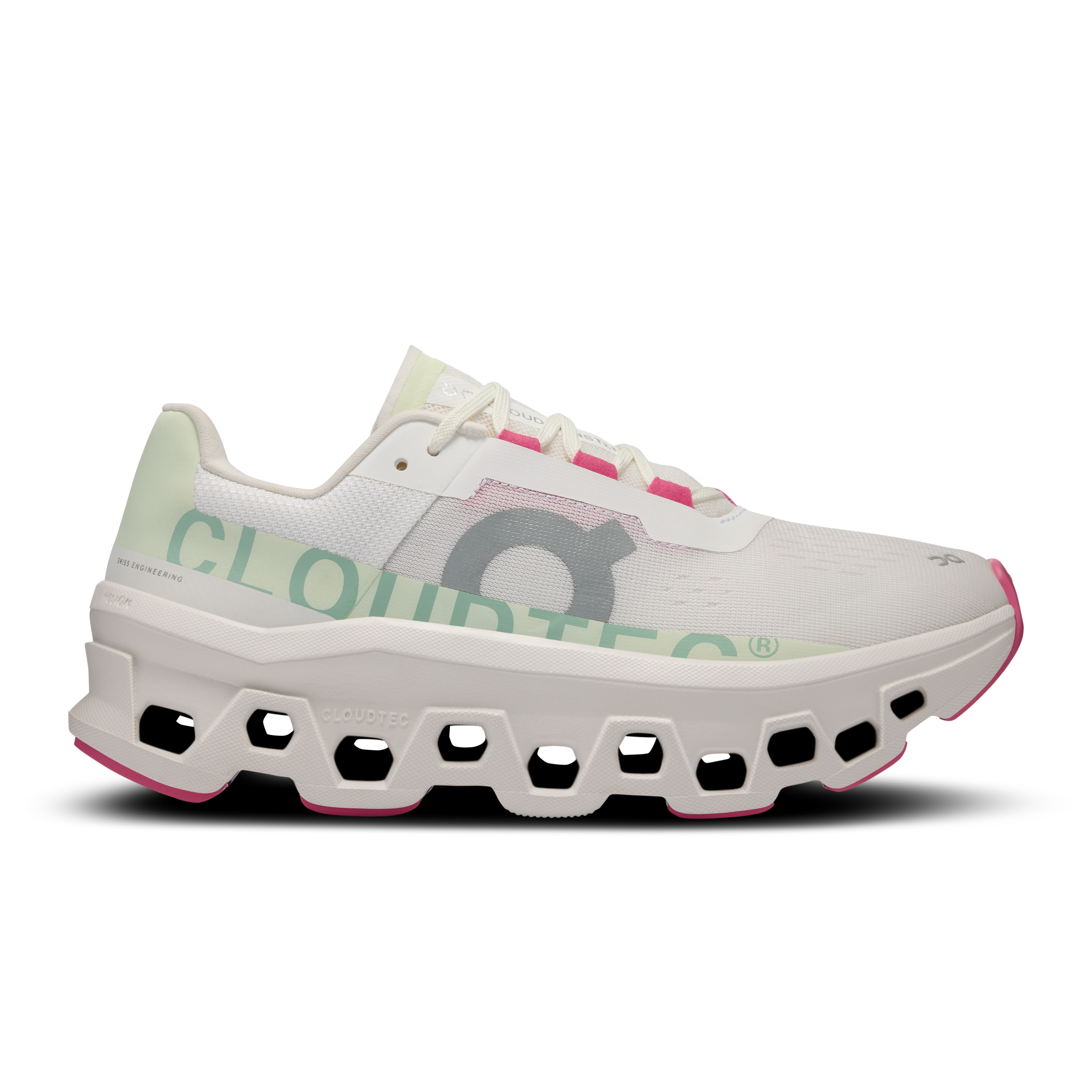 Side view on white background of Womens On Cloudmonster running shoe in White/Lima, Medium (Regular) width