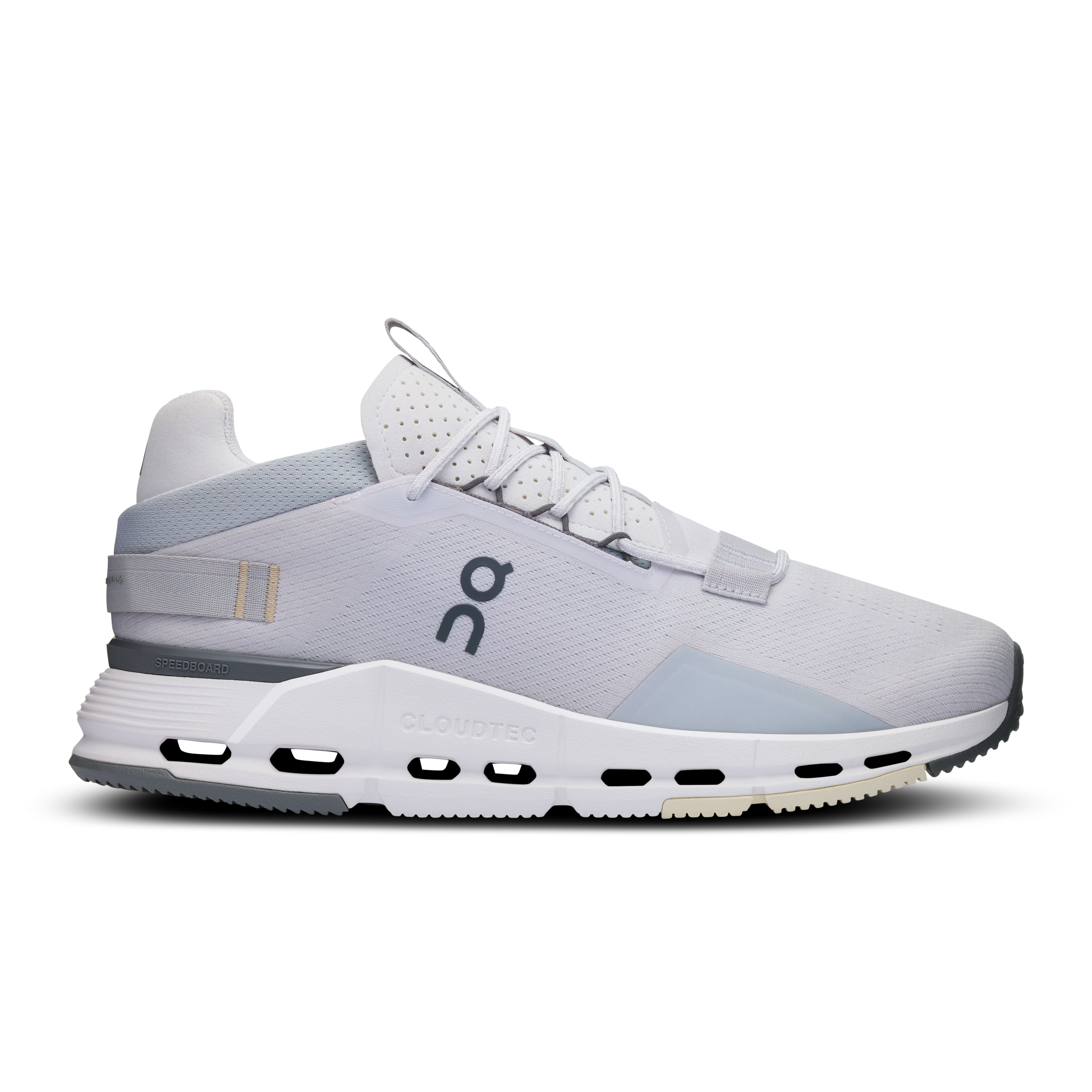 Side view on white background of Mens On Cloudnova 2 running shoe in Frost/Cream, Medium (Regular) width
