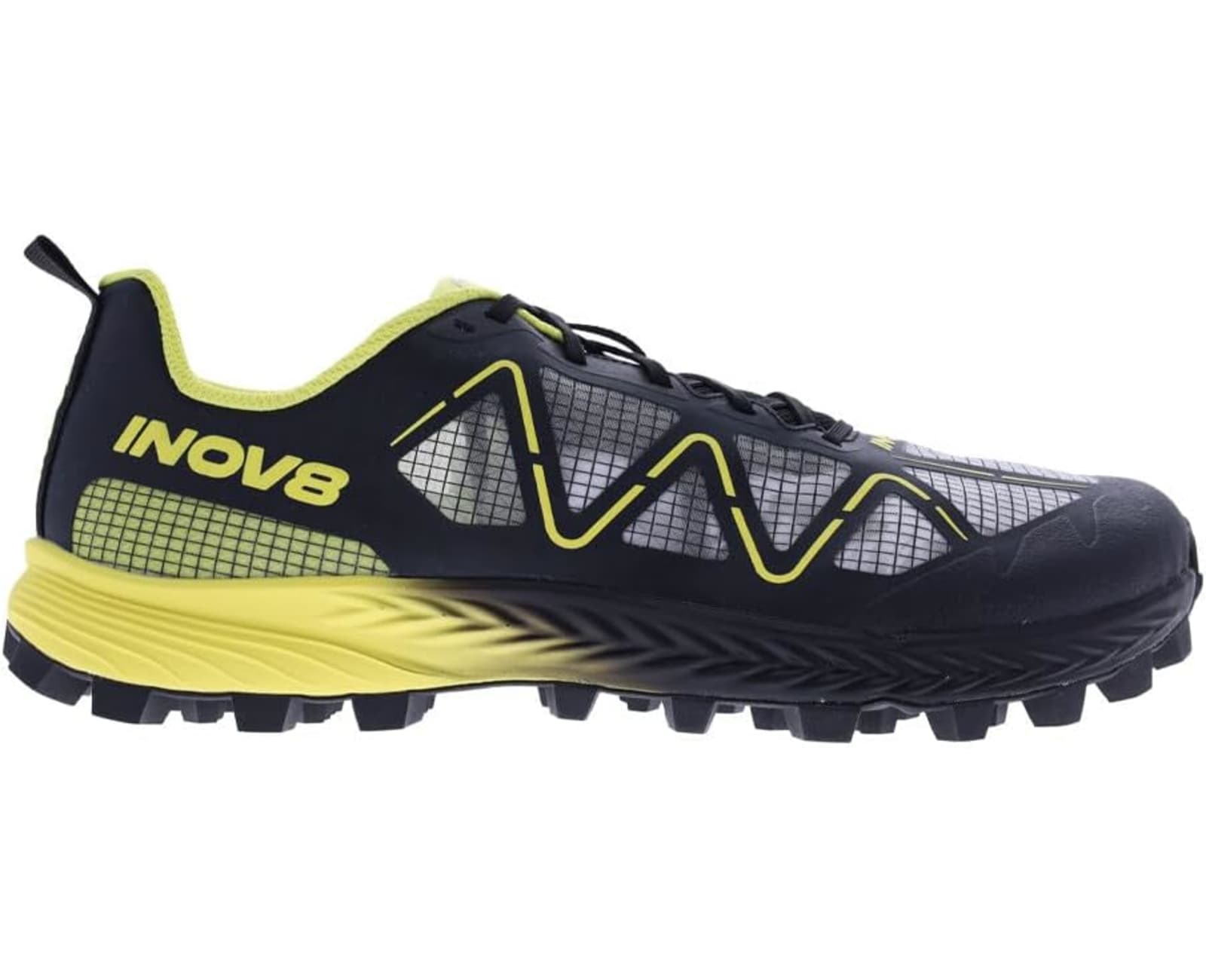 Side view on white background of Mens Inov8 MudTalon Speed running shoe in Black/Yellow, Wide width