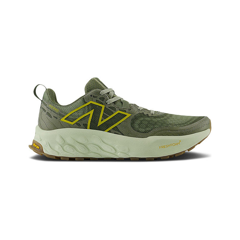 Side view on white background of Mens New Balance Fresh Foam X Hierro V8 running shoe in Dark Olivine/Olivine/Lichen Green, Extra Wide width