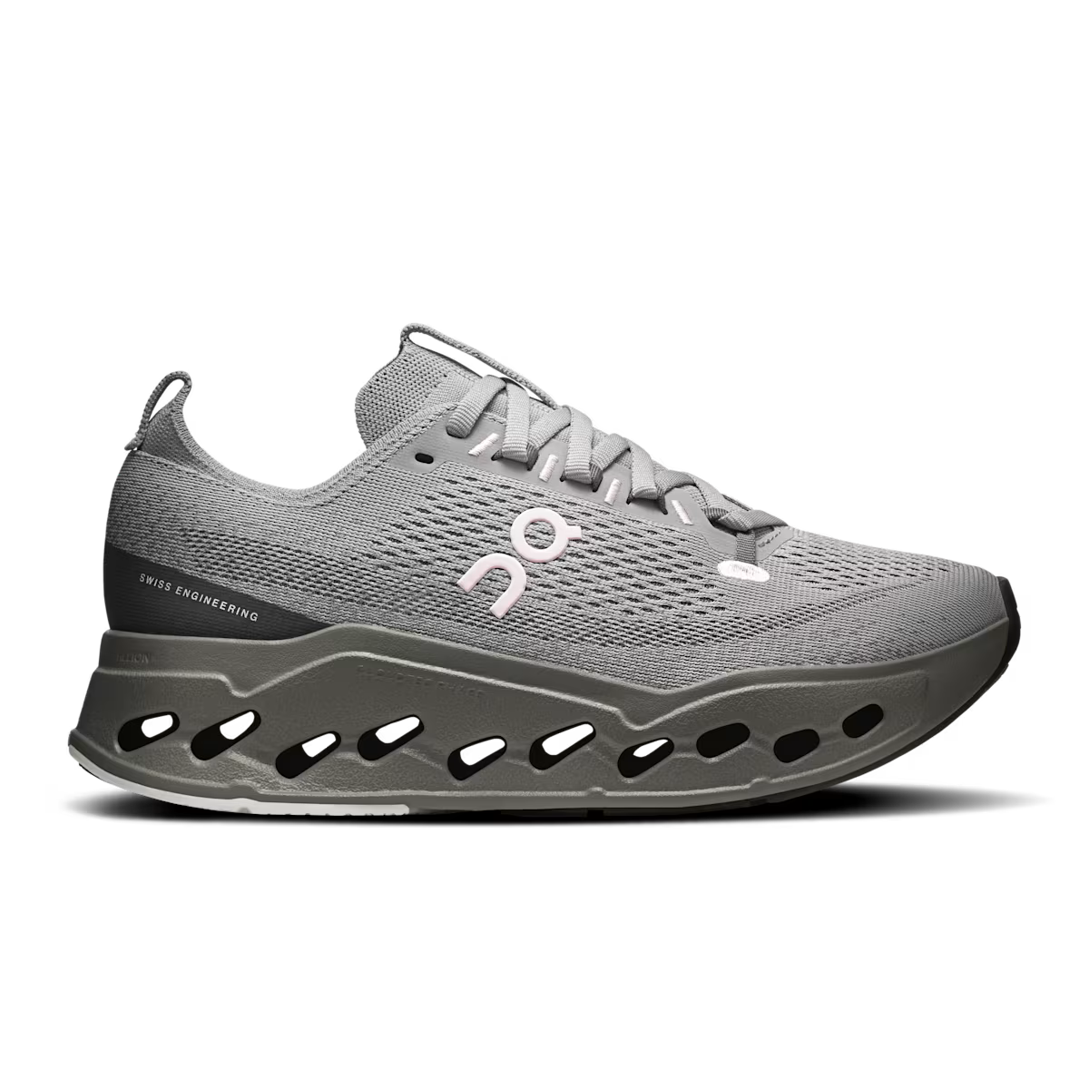 Side view on white background of Womens On Cloudsurfer Max running shoe in Alloy/Asphalt, Medium (Regular) width