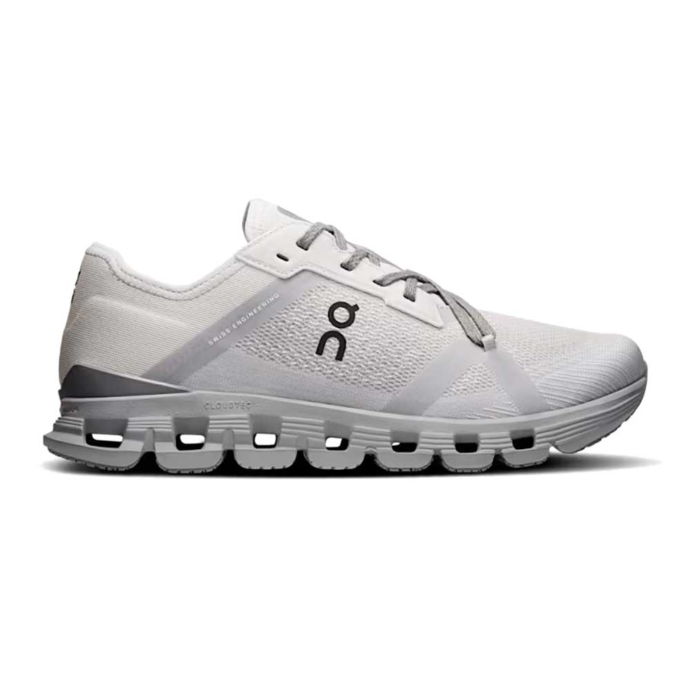 Side view on white background of Womens On Cloud X 4 AD running shoe in Wolf/Alloy, Medium (Regular) width