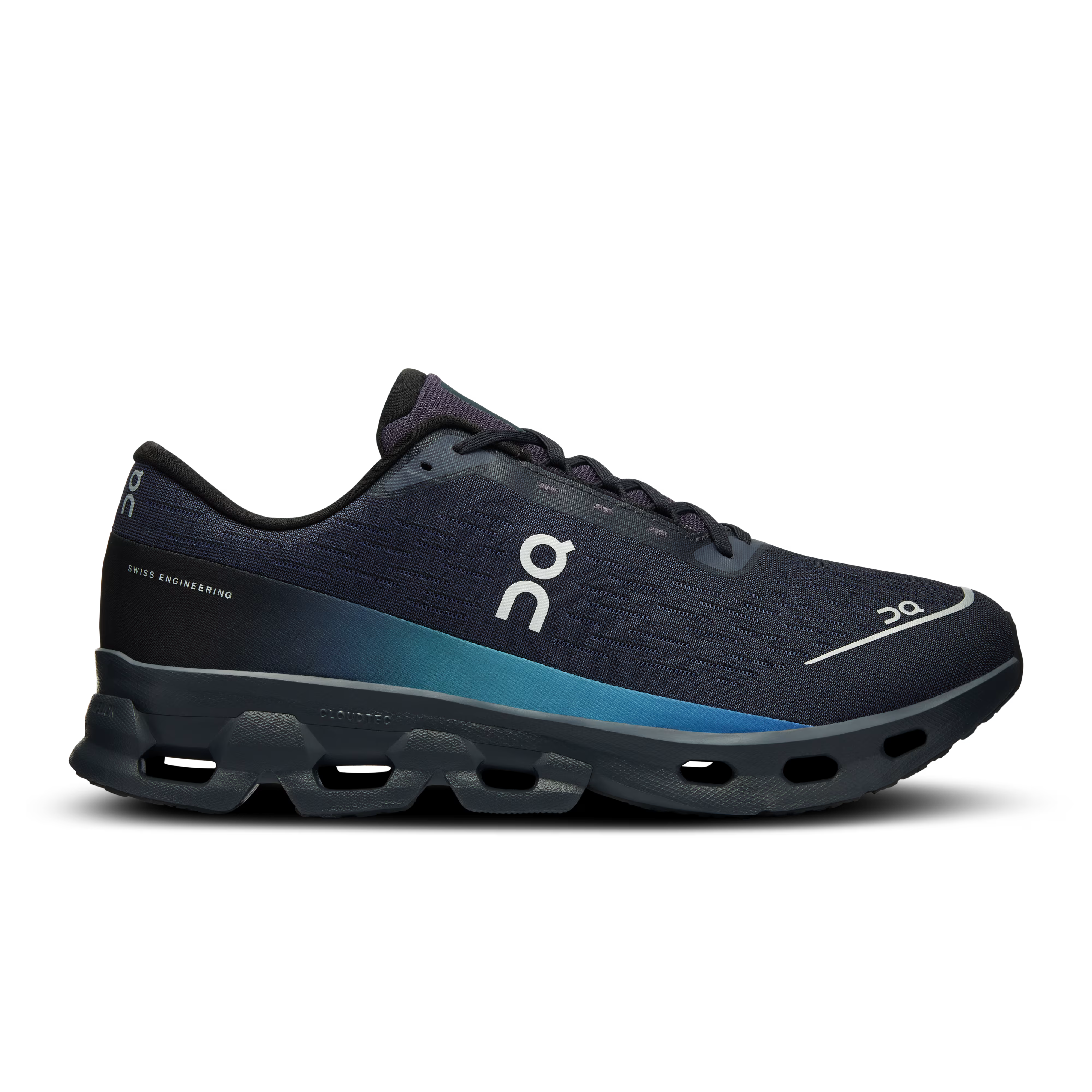 Side view on white background of Mens On Cloudspark running shoe in Black/Blueberry, Medium (Regular) width