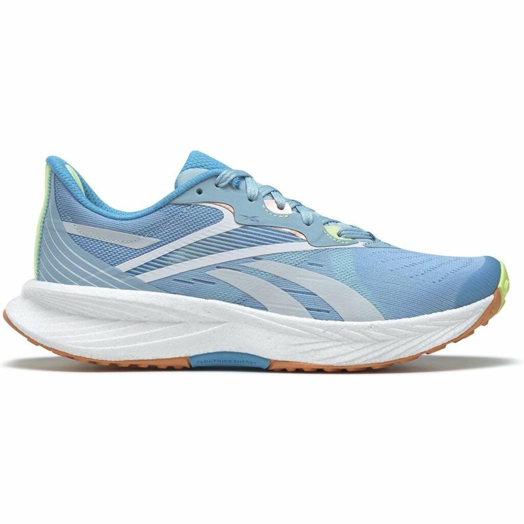 Side view on white background of Womens Reebok Floatride Energy 3.0 running shoe in Blue Pearl/Radiant Aqua/Energy Glow, Medium (Regular) width